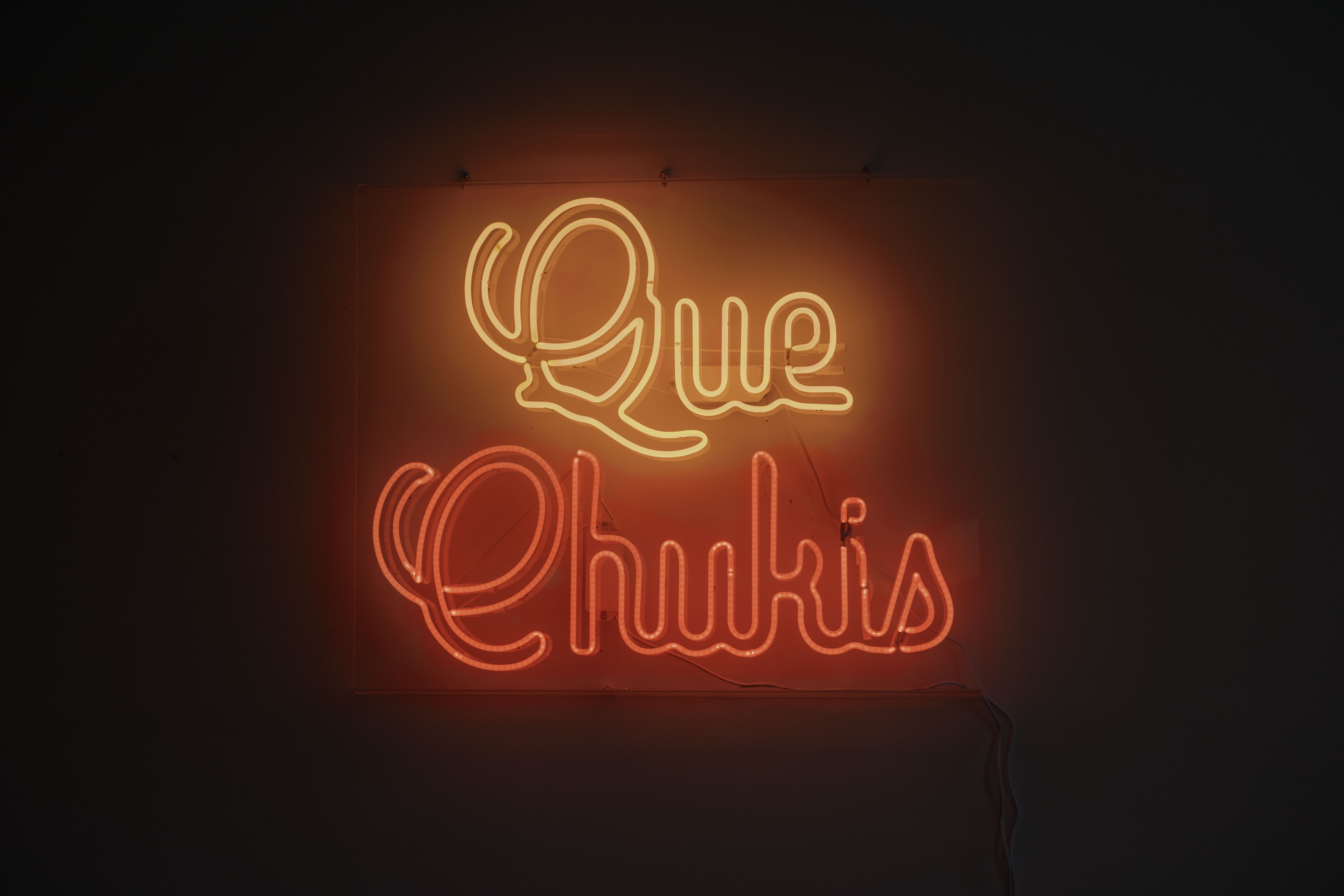 Que Chukis, 2022, neon light, 48” x 40”, collaboration with Stephen Azarik and Anthony Ezra Arvizu