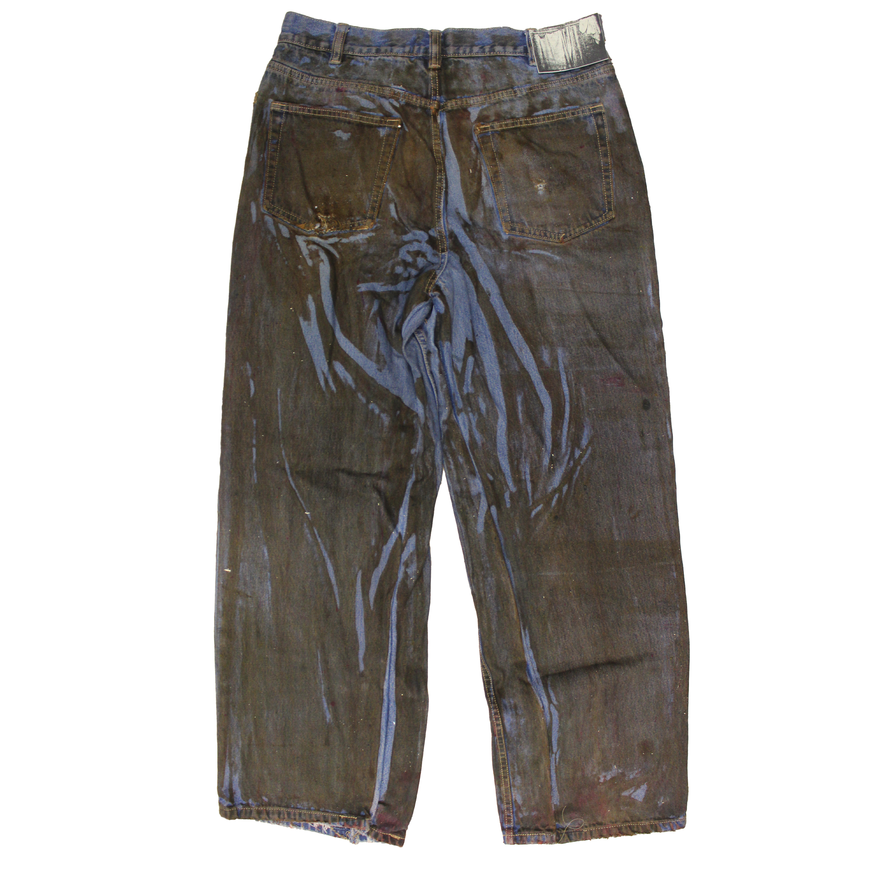 reclaimed vintage surplus denim screen printed with textile dye & various metals. tailored for straight/wide fit. fitted with custom keychain, scrap chain, and leather patches