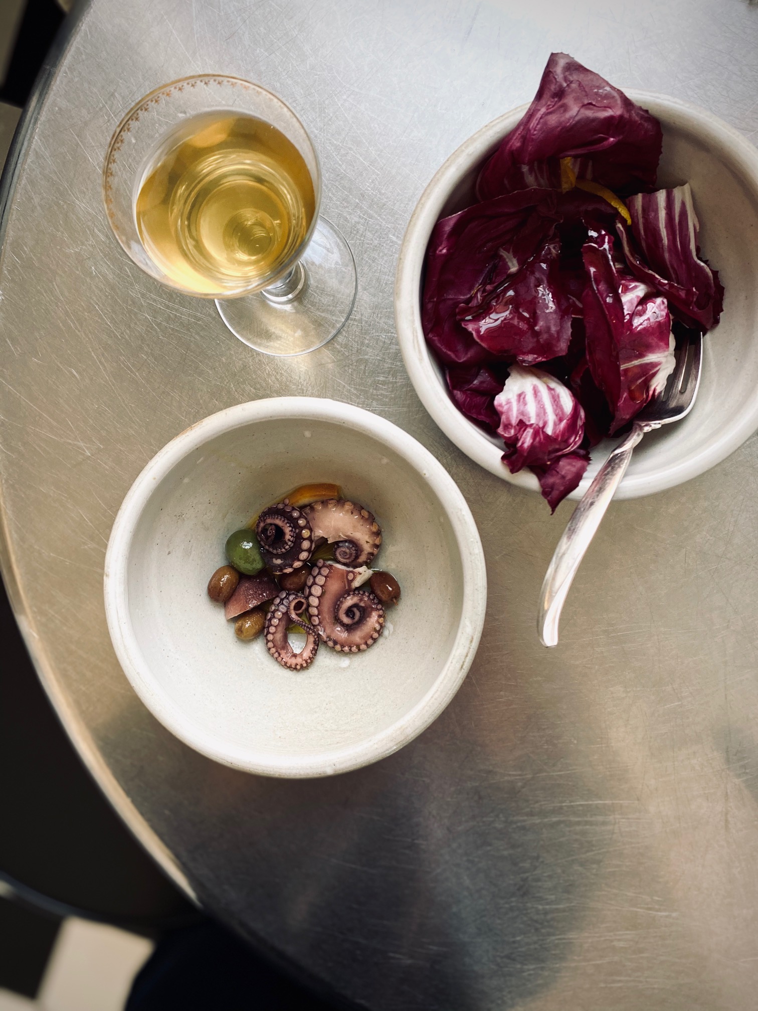 The slightly warm delicate octopus pairs well with fresh, crunchy radicchio–the same color palette but a contrast of textures.