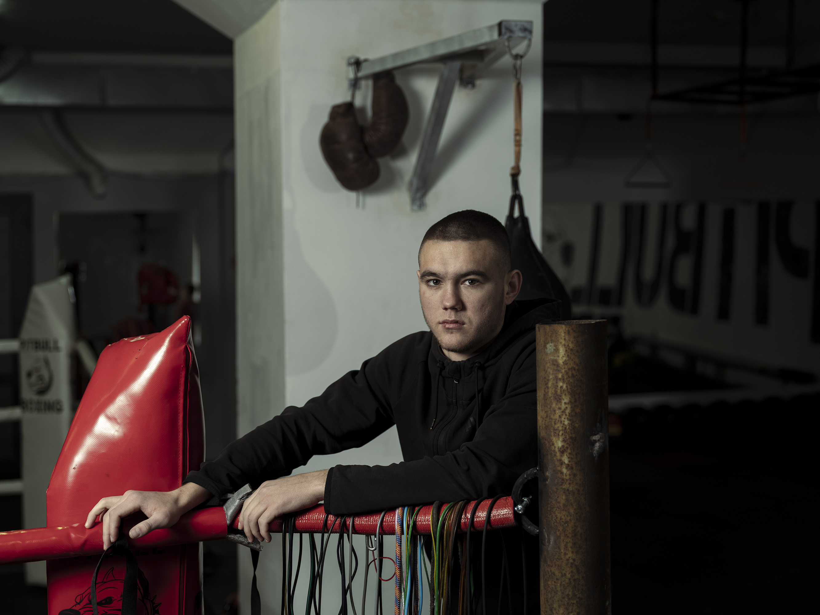 Vlad poses at a sports school in Kyiv, where he trains in boxing, in January.