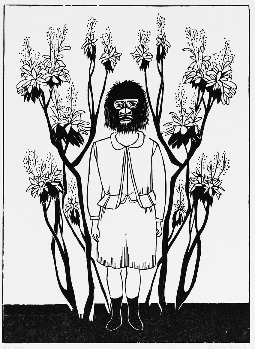 Holzschnittgrafik zum Thema Menschen und Affen