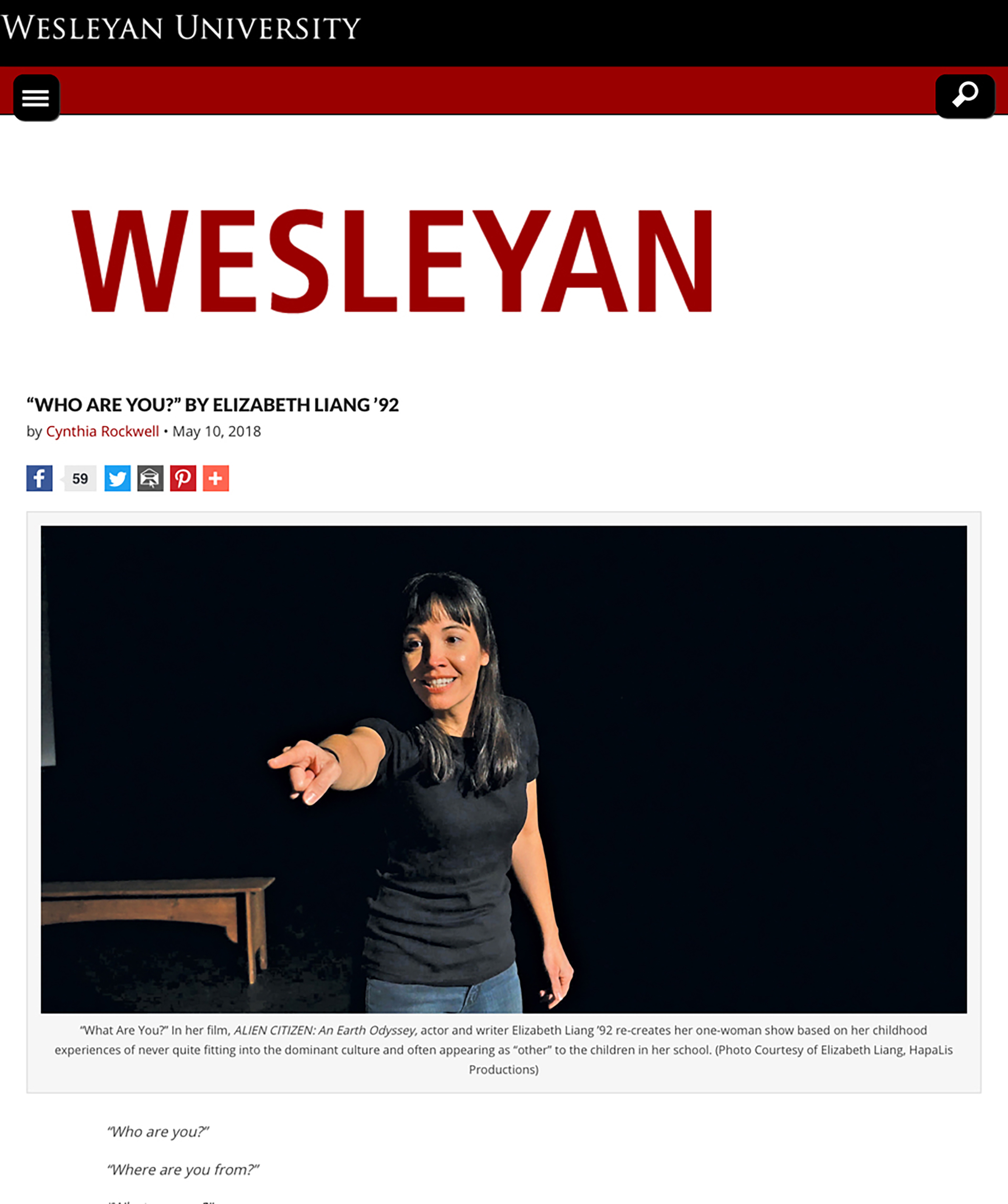 Screen shot of Elizabeth Liang's essay "Who are you?" in Wesleyan Magazine online. Photo inside magazine frame: Elizabeth in Alien Citizen: An Earth Odyssey, in black t-shirt and jeans, smiling and pointing to left side of frame.