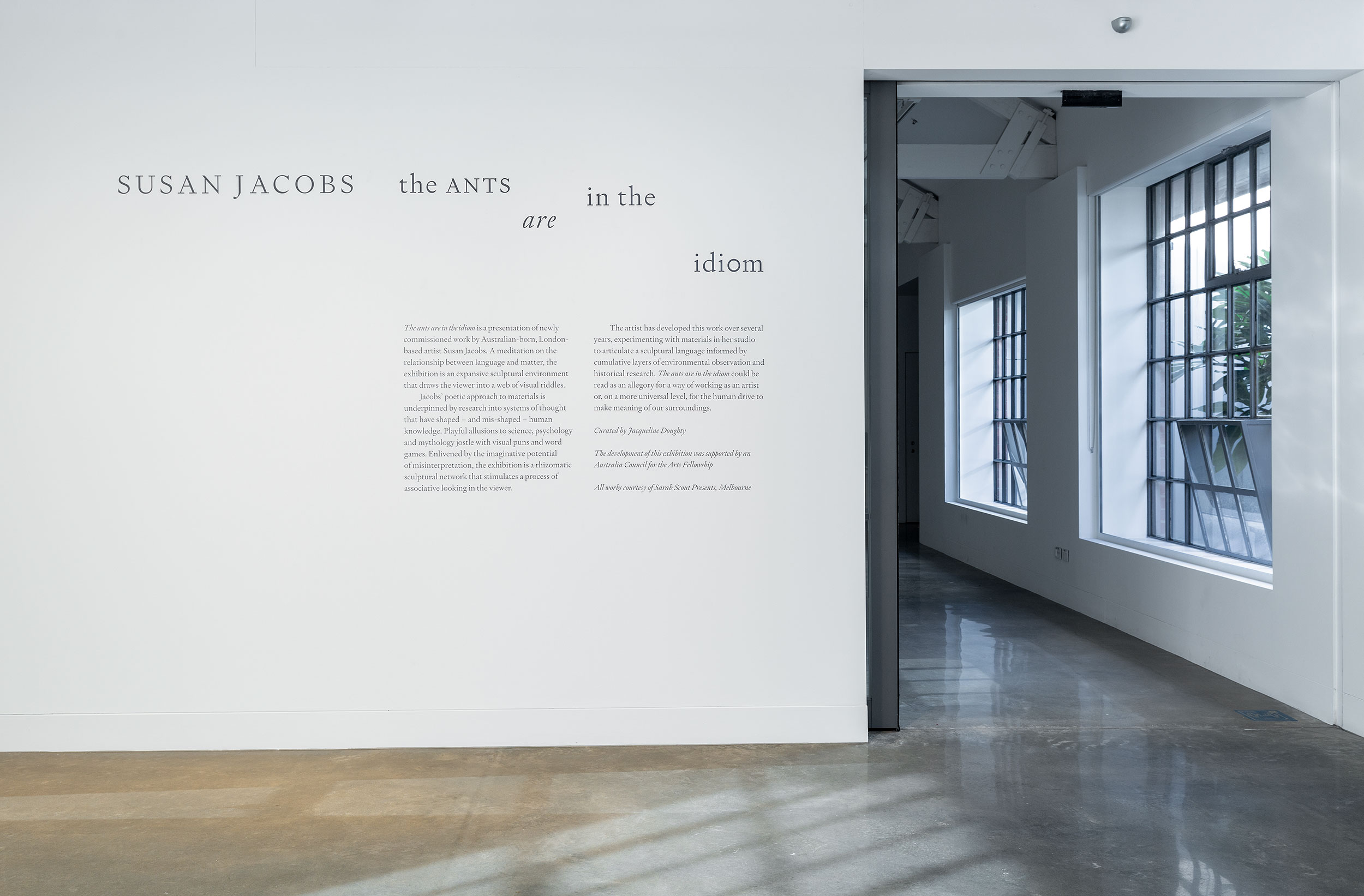 Exhibition graphic design for 'Susan Jacobs: The ants are in the idiom', Buxton Contemporary, 2022.