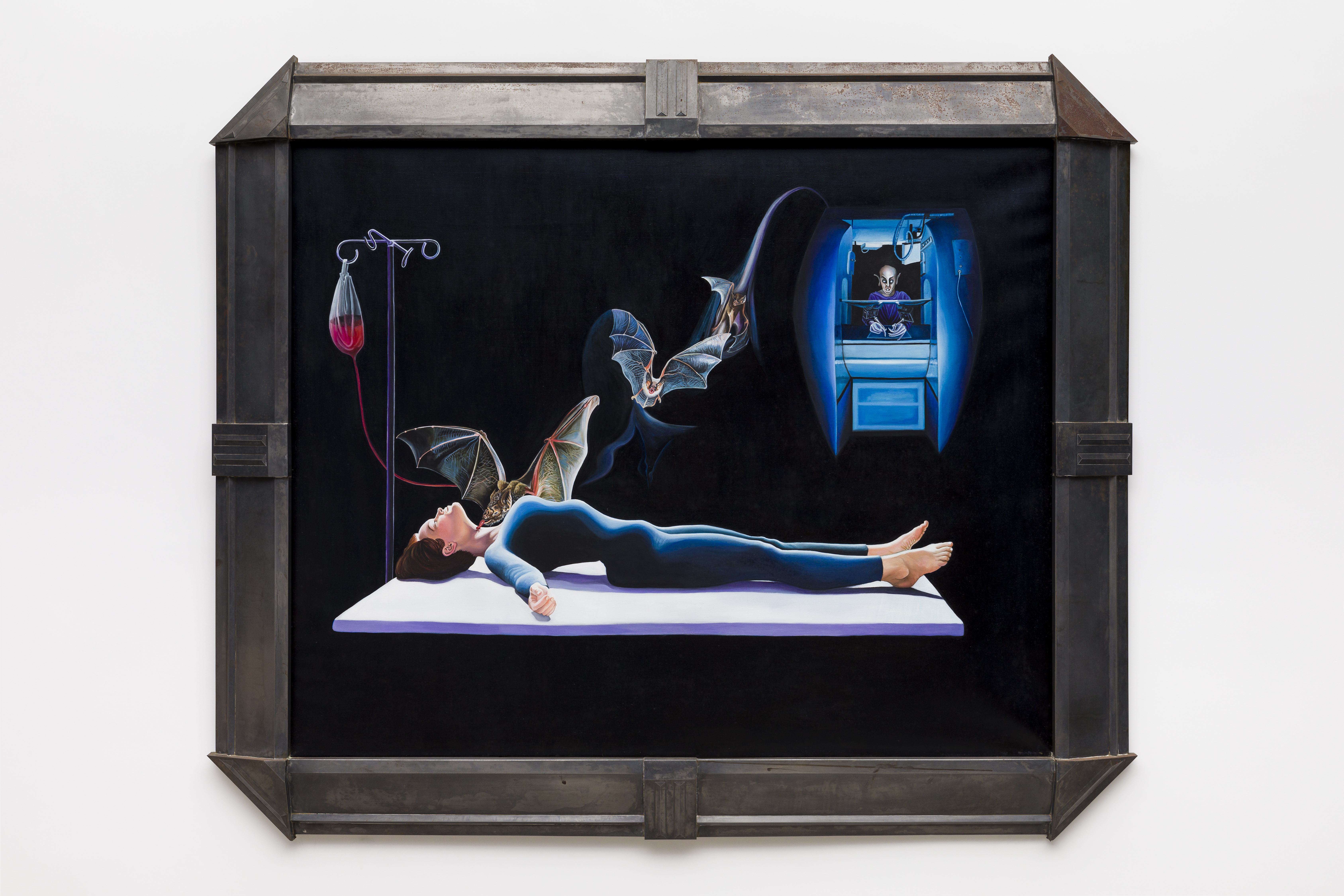 Lynn Randolph, Transfusions, 1995. Óleo sobre pedra e moldura em metal, 155 x 183 cm.