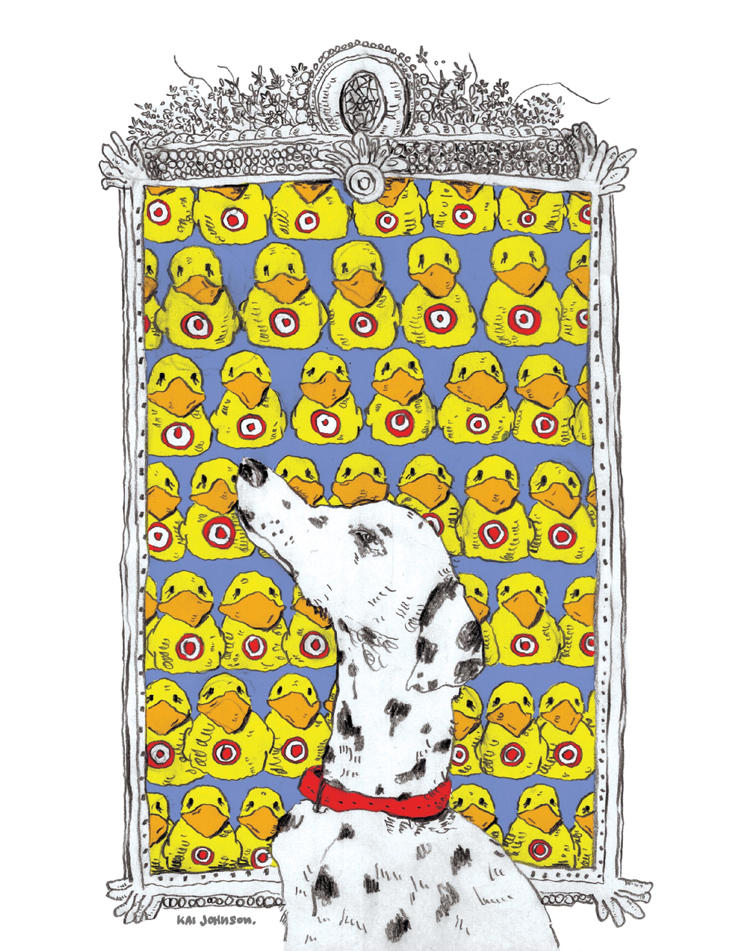Good Boy: Pride, 2022  Graphite with Digital Color on 8.5 X 11 Inch Paper  A dalmatian proud of their collection of rubber duckies. The primary color palette calls to the primal need of being noticed and praised.