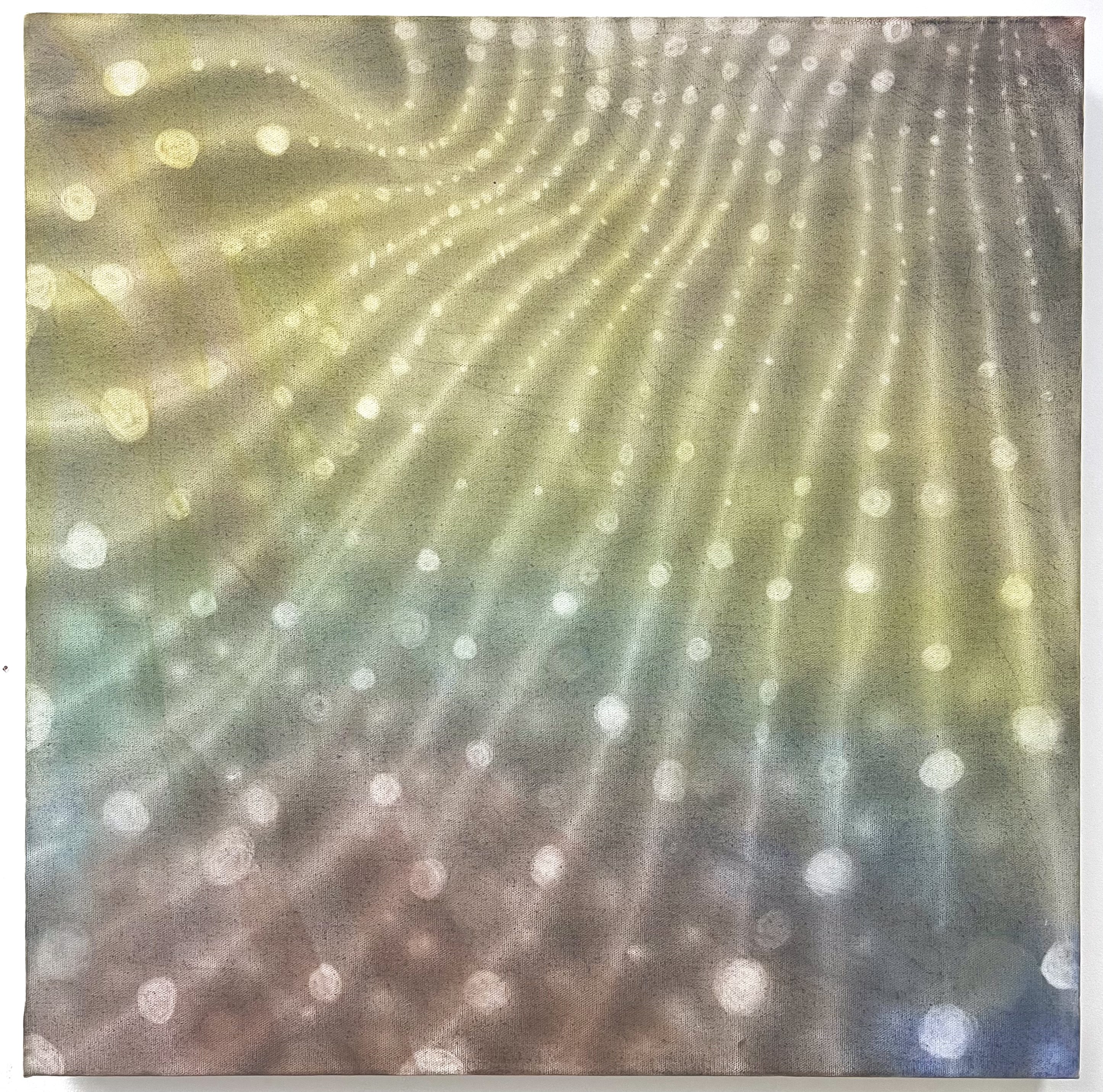 ‘Prismatic Rain’ (2023), Airbrush, charcoal, acrylic on canvas, 38 x 38 cm