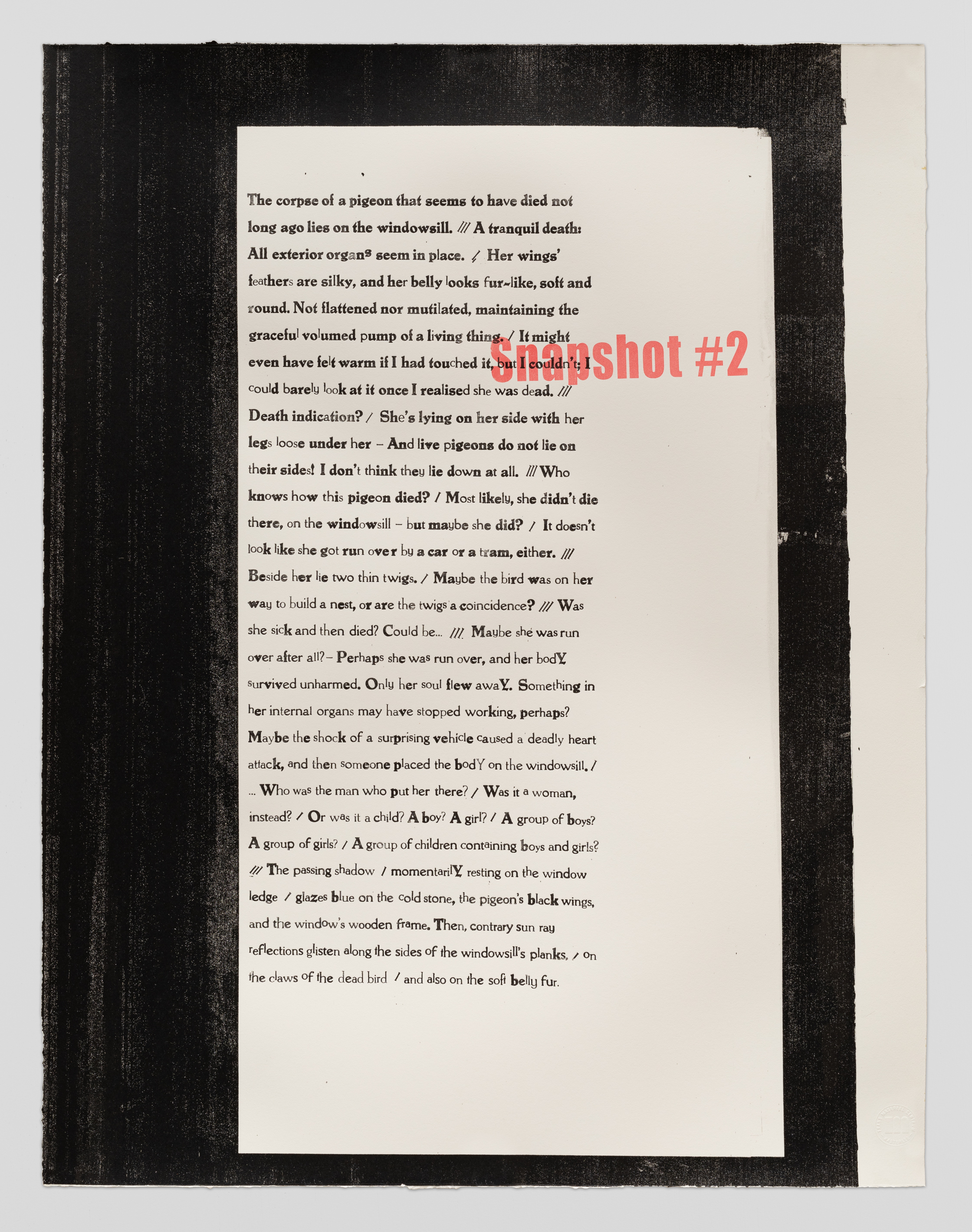 Dead Animals: Snapshots #2, 2024 Silkscreen and relief print on Magnani paper 81 x 67 cm. Printed at Masereel Centre (Documentation: Fabrice Schneider)