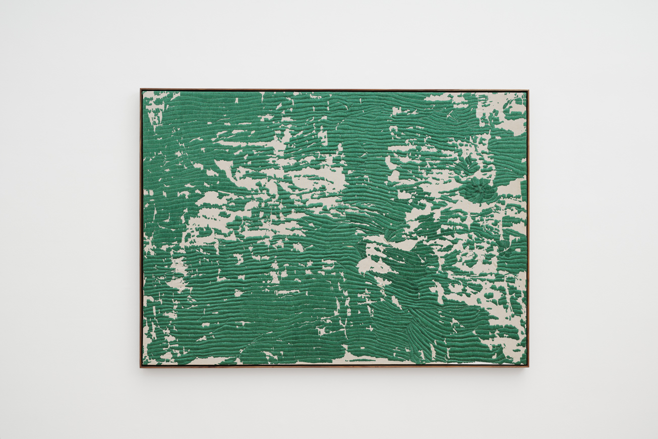 Asemahle Ntlonti, Ingethe I (2025) | Acrylic paint, paper, acrylic gel, and leno thread on canvas, 143.5 x 200 x 6.5 cm