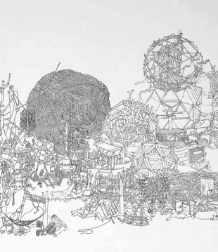 Olia Mishchenko, New World (detail), 2008, ink drawings on wall, viewfinder