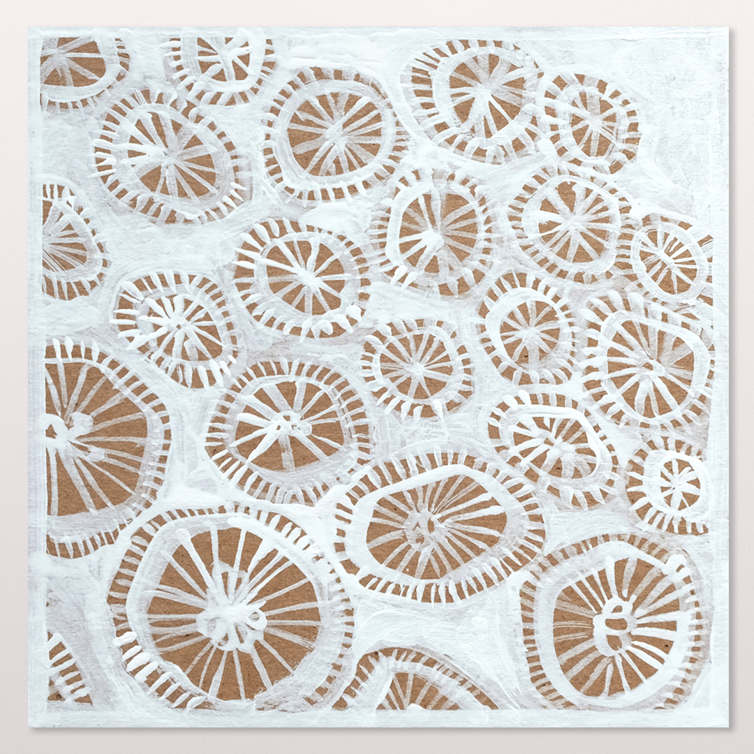 Coral Nets, 6x6”, White acrylic on cardboard, 2017