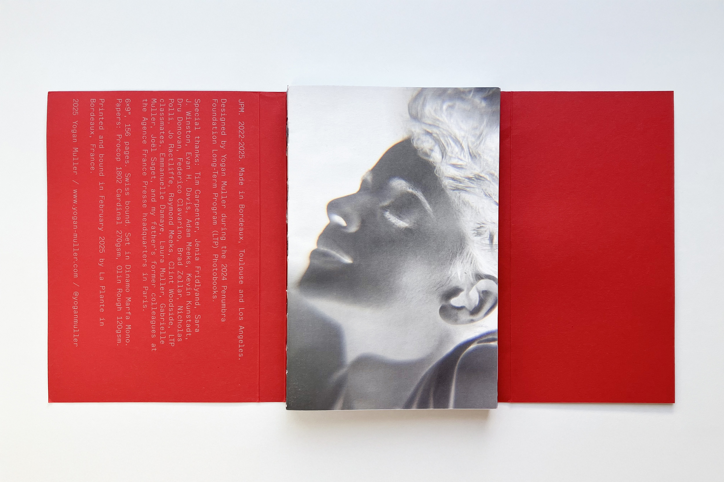 JPM, book dummy, 6x9 inches, 156 pages, conceived, designed and produced within the 2024 Long-Term Program Photobooks at the Penumbra Foundation. Printed and swiss-bound by La Plante, Bordeaux, France, winter 2025.