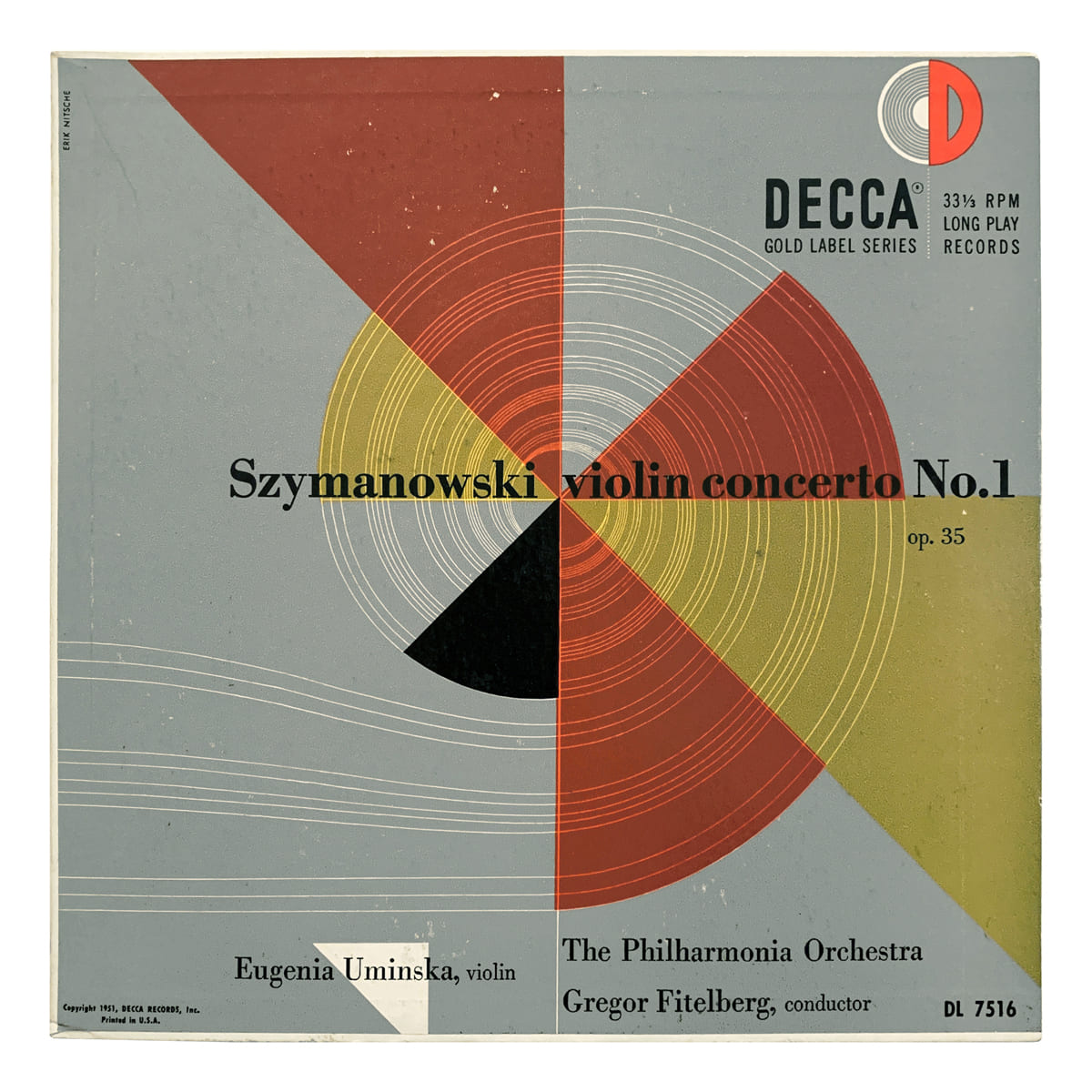 Decca Gold DL 7516 Karol Szymanowski - Violin Concerto No.1, Op.35 Philharmonia Orchestra - Grzegorz Fitelberg Eugenia Uminska Design: Erik Nitsche (credited)