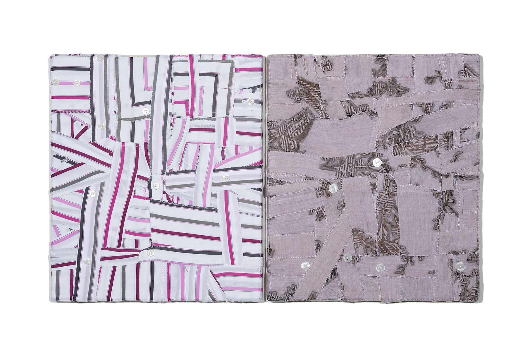 ’Humberto & Adriano’, 2024. Deconstructed men’s shirts hand stitched over wooden stretchers. 35 x 61 cm