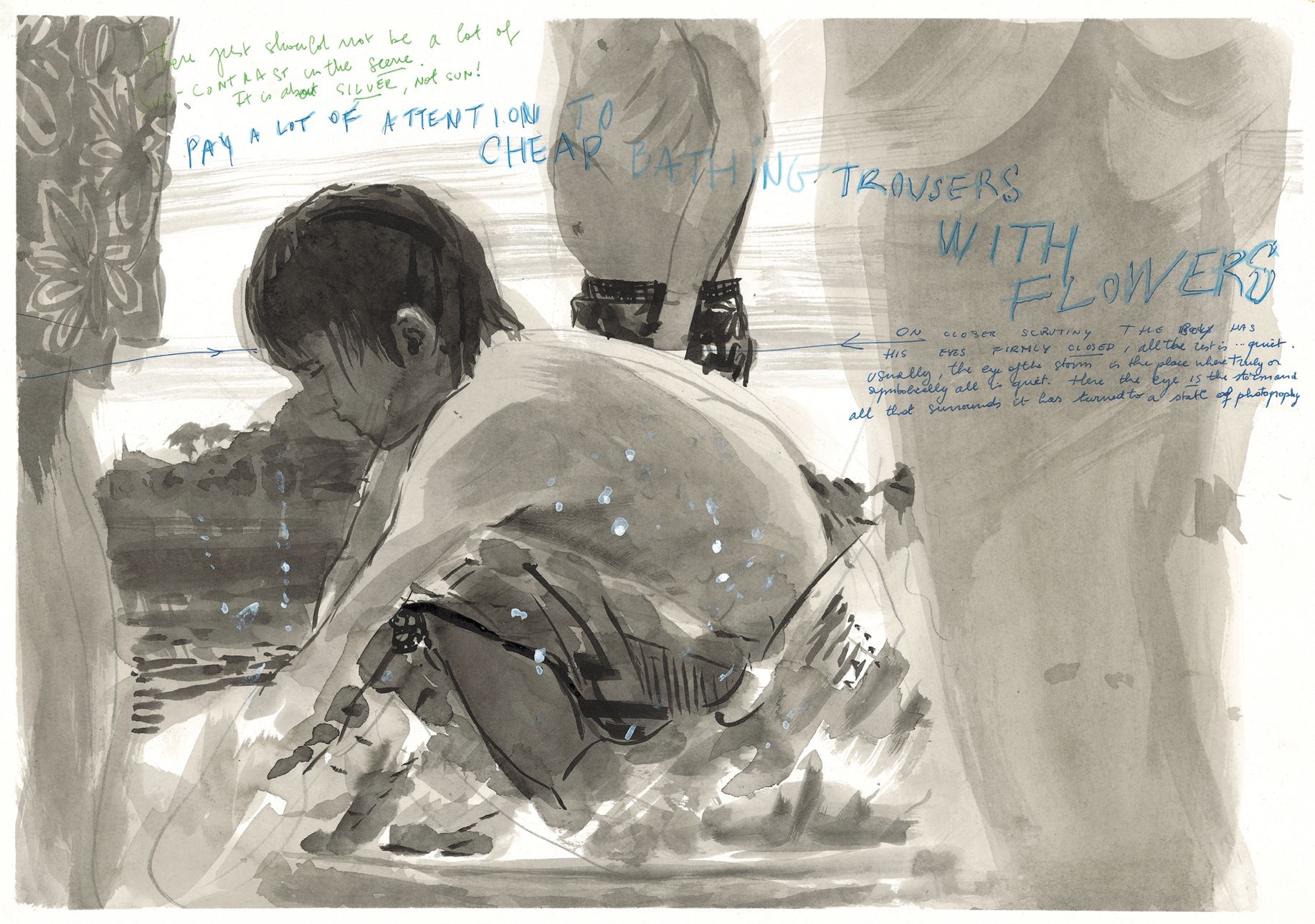 The Quiet Shore (Trousers with Flowers), 2012, washed ink and pencil on paper, 36 x 48 cm
