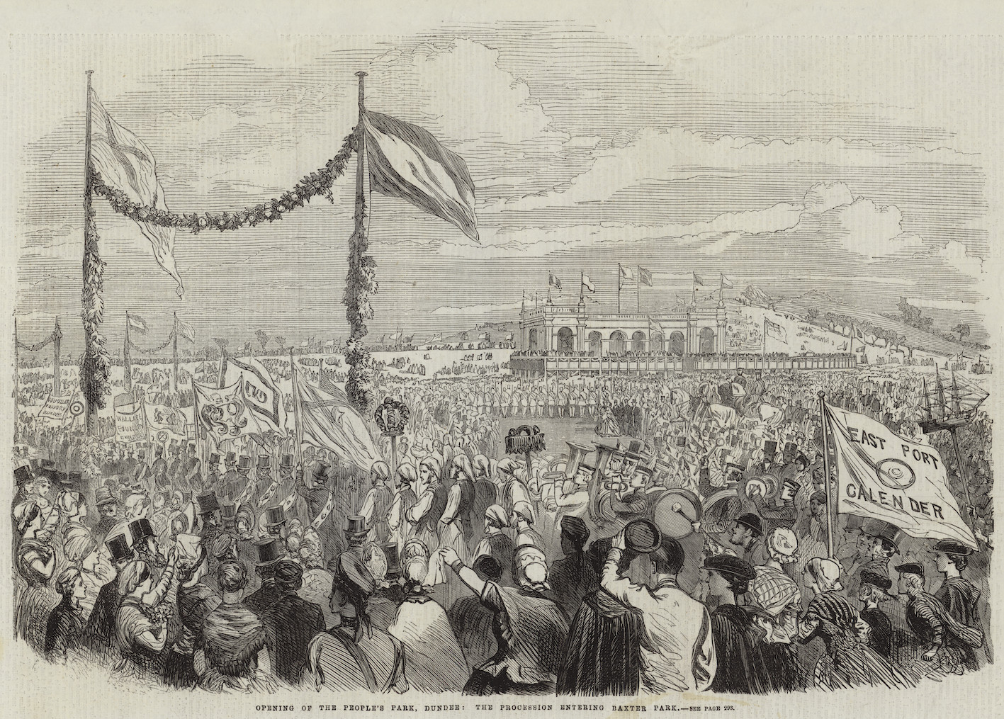 Opening of the People's Park, Dundee as the procession entered Baxter Park. The Illustrated London News, 19 September 1863.