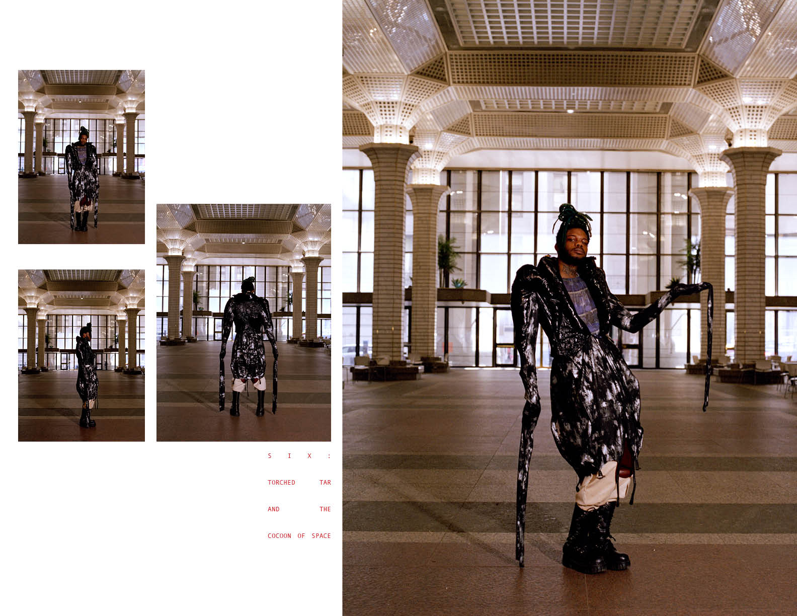 look 06 « «TORCHED TAR AND THE COCOON OF SPACE » in ….SYMMETRY OF VICE…a lightweight, multi-wear jacket of slippery tyvek and foil-printed cotton jersey… arm puffs reminiscent of the soft structure by Charles James… with toggle details at the neck which latch the spherical drape of jersey that flip upwards and cocoon the wearer further… thumb holes at the edge of the superfluous sleeves give option for wearer to expose the fingers… melted teflon VS the stuffed teflon echoes the bleaching in look 05… forcible fabric manipulation techniques redirected to present beauty in irregularity… the jersey bottom flips up to expose the bottom half of the body while cocooning the torso.