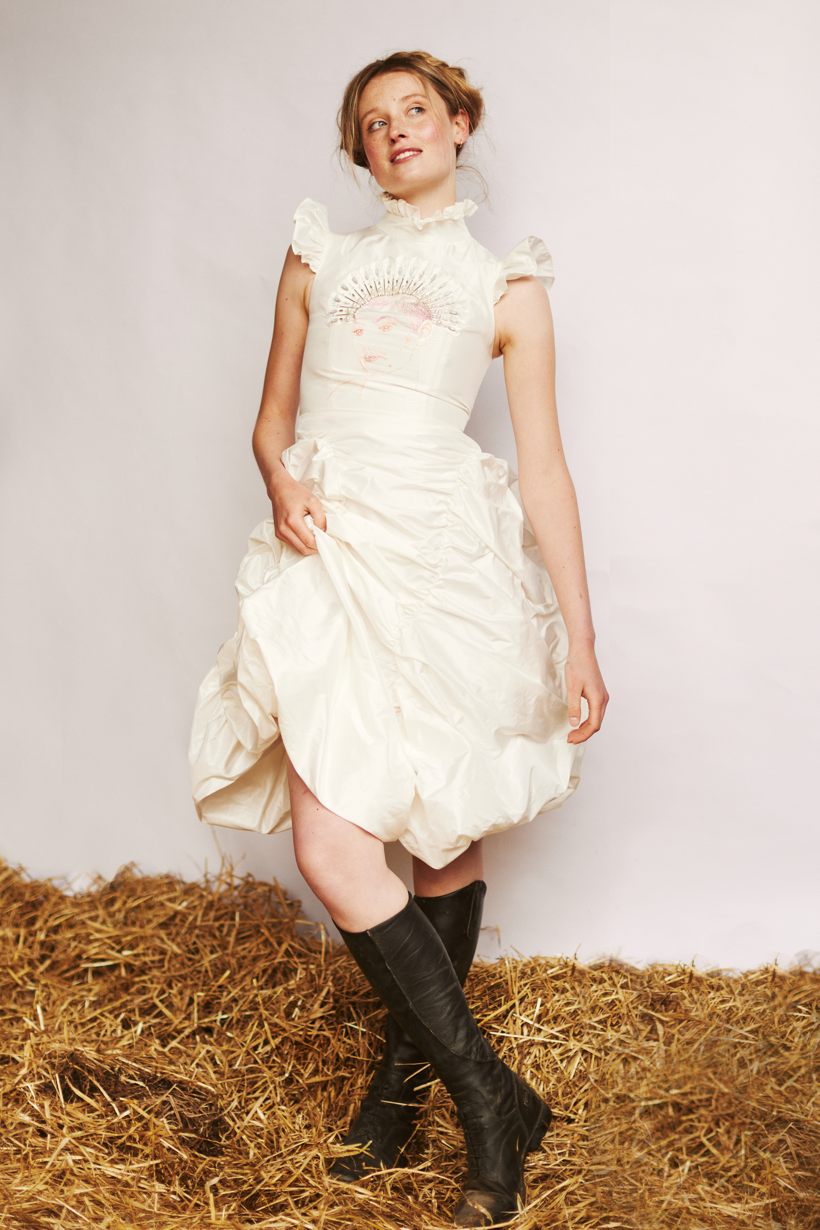 Stylish fashion editorial photoshoot in Dublin, Ireland, featuring a beautiful model unique pieces by Irish fashion designers. Photographed on a farm in Ireland, featuring horses and other farm animals. Photographed for Image Magazine by Alex Sheridan, with fashion stylist Anne O’Shea.