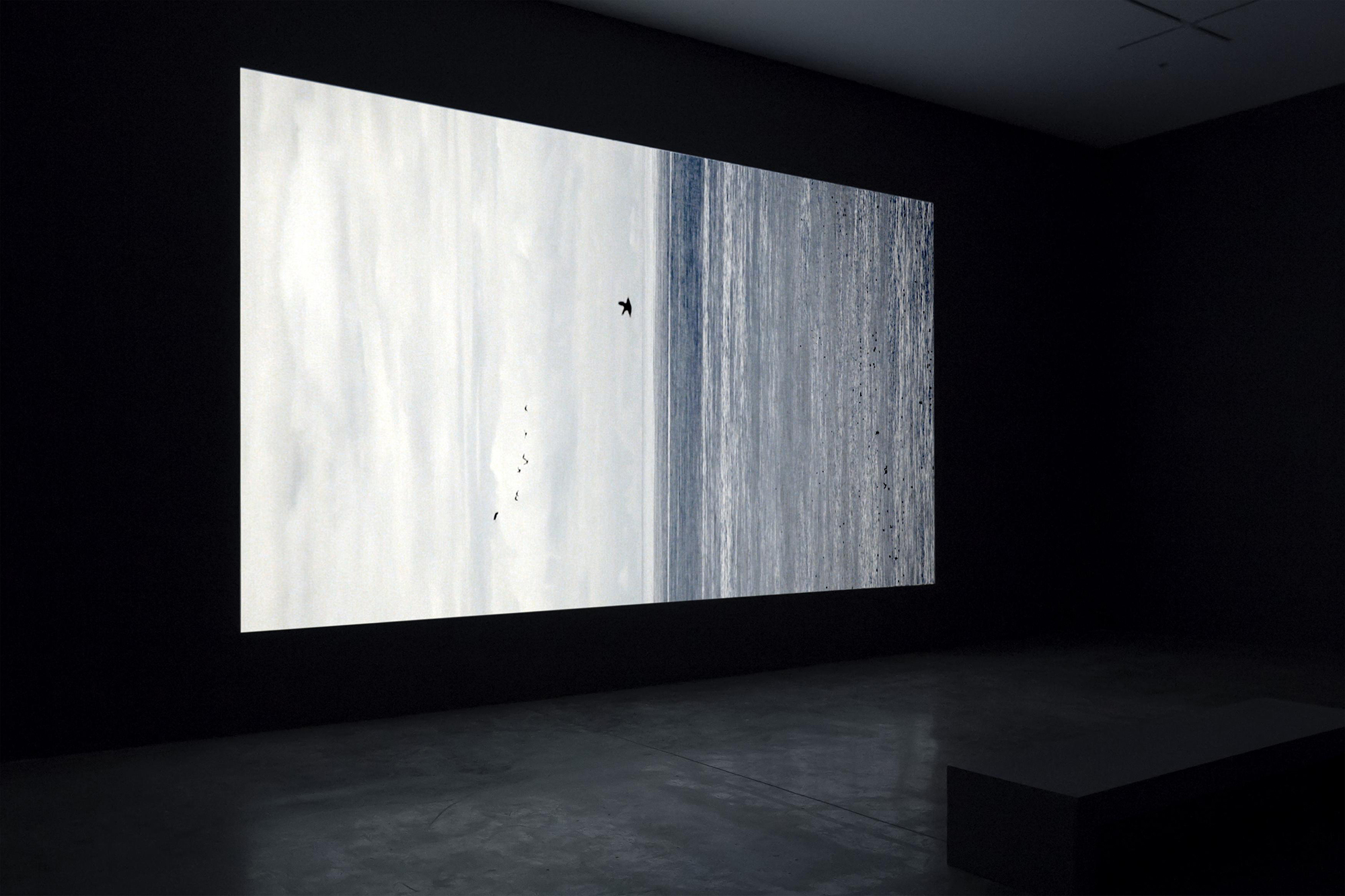 CircumSolar, Migration 3, 2013; single channel video projected at architectural scale, color, sound by Drew Schnurr; 11 × 22 feet, 17:46 minutes. Installation view at ‘REALSPACE,’ Williamson Gallery, Pasadena, California, 2014.