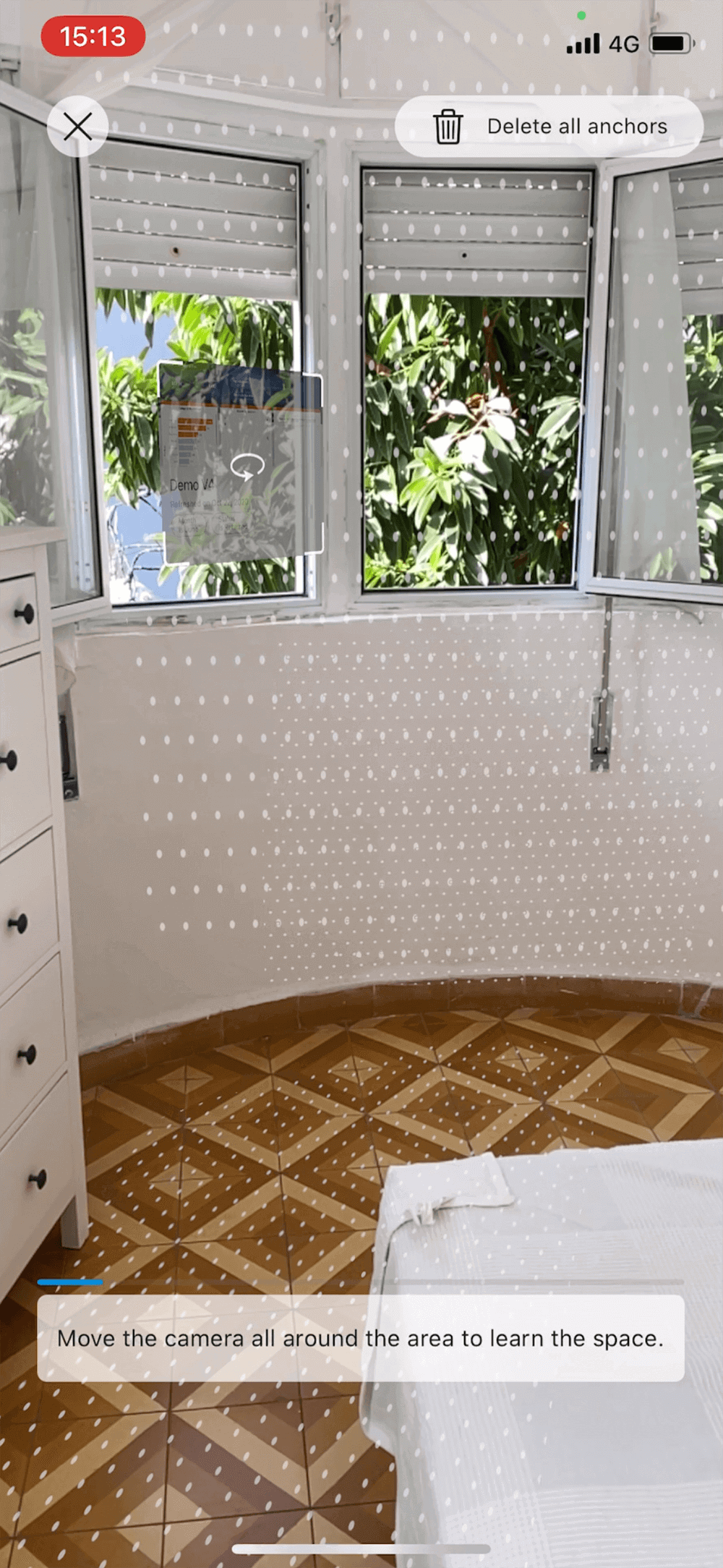 Dots grid on the mapped surfaces in the space (screenshot from a test build with multiple planes detection), 01.