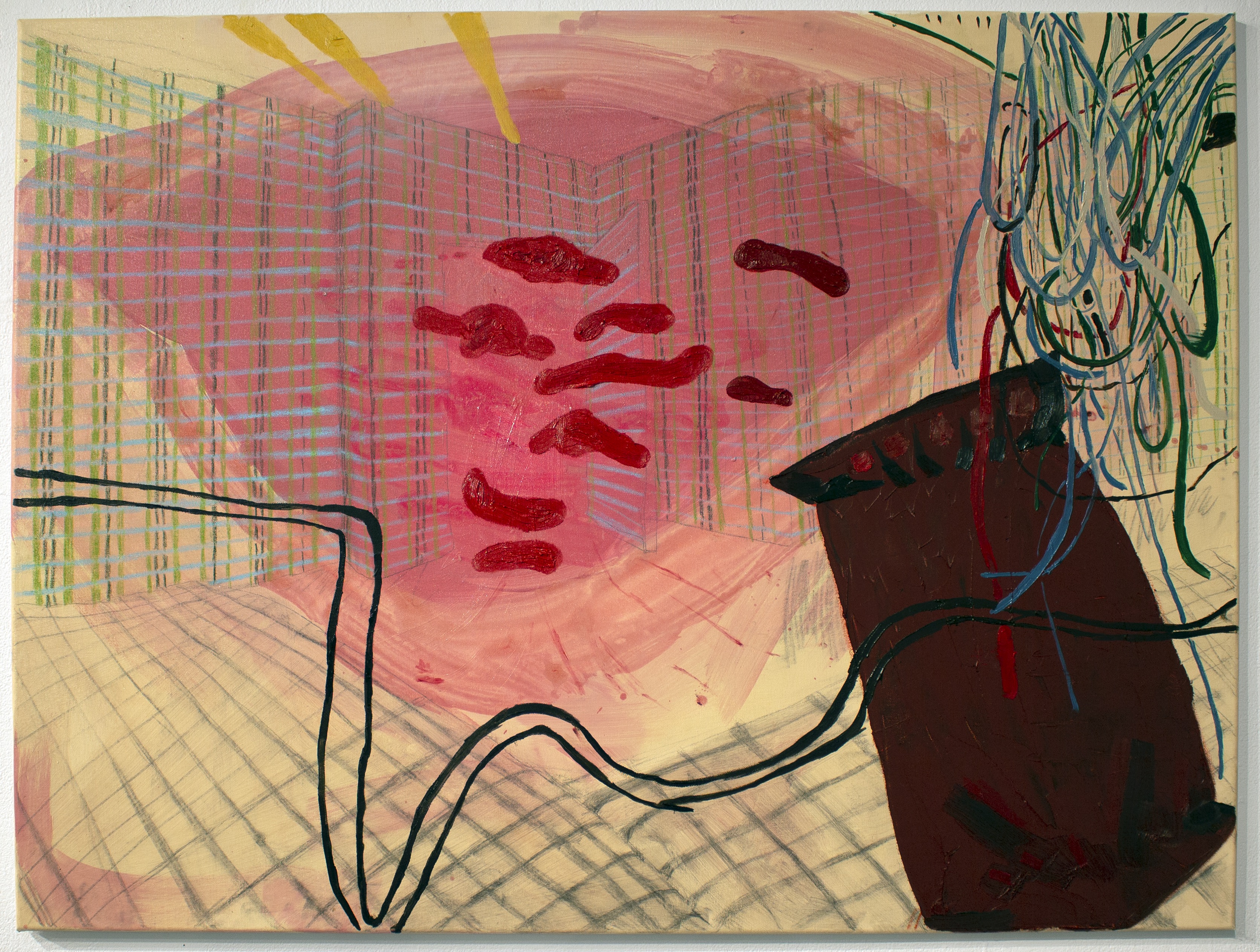 Strings and Pink Stain, 2020, pencil, acrylic, oil paint on canvas, 34 x 48 in. 