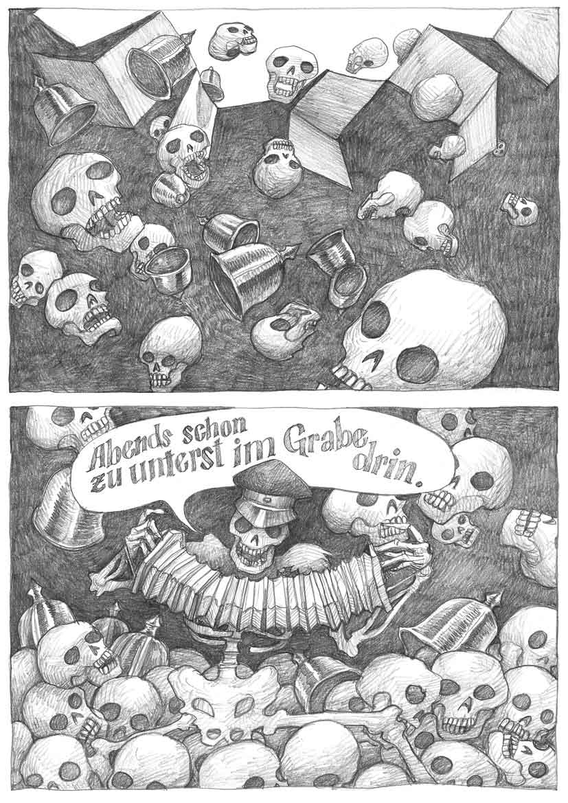 Skelett mit Ziehharmonika – Totentanz 1916 von Hugo Ball, Comicadaption von Tobias Köber
