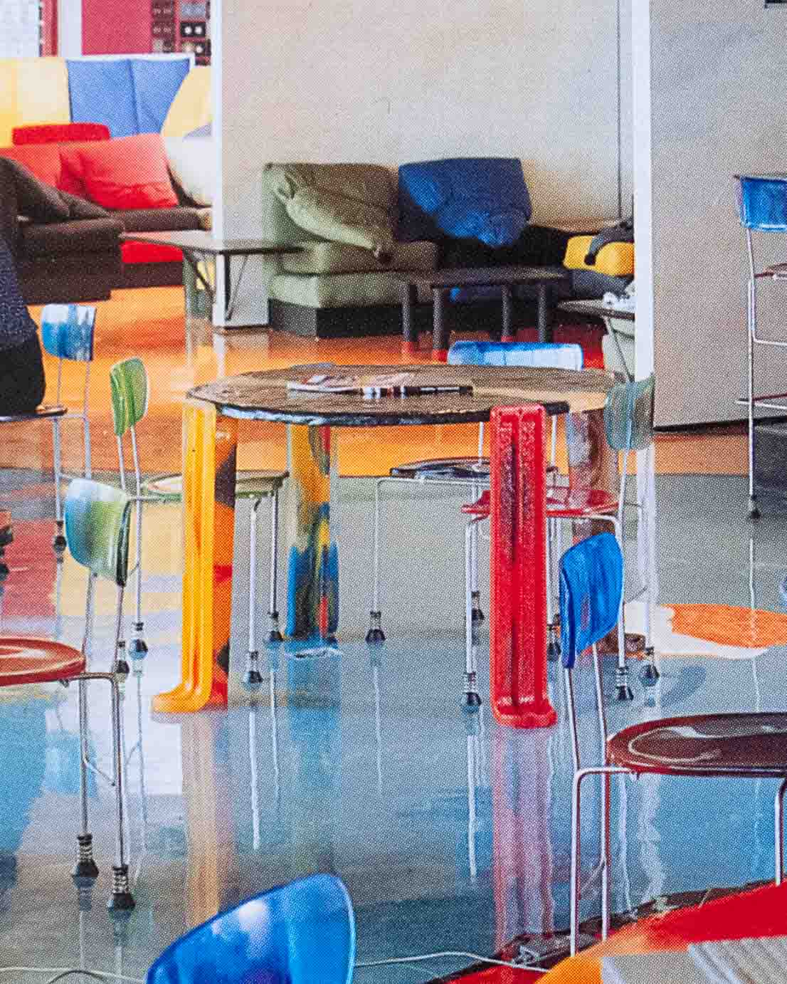 Gaetano Pesce, 1994 tbwa/chiat/day, Waffle Table and 543 Broadway Chairs in the Clubhouse of the office, with the Jester sofa seen in the background
