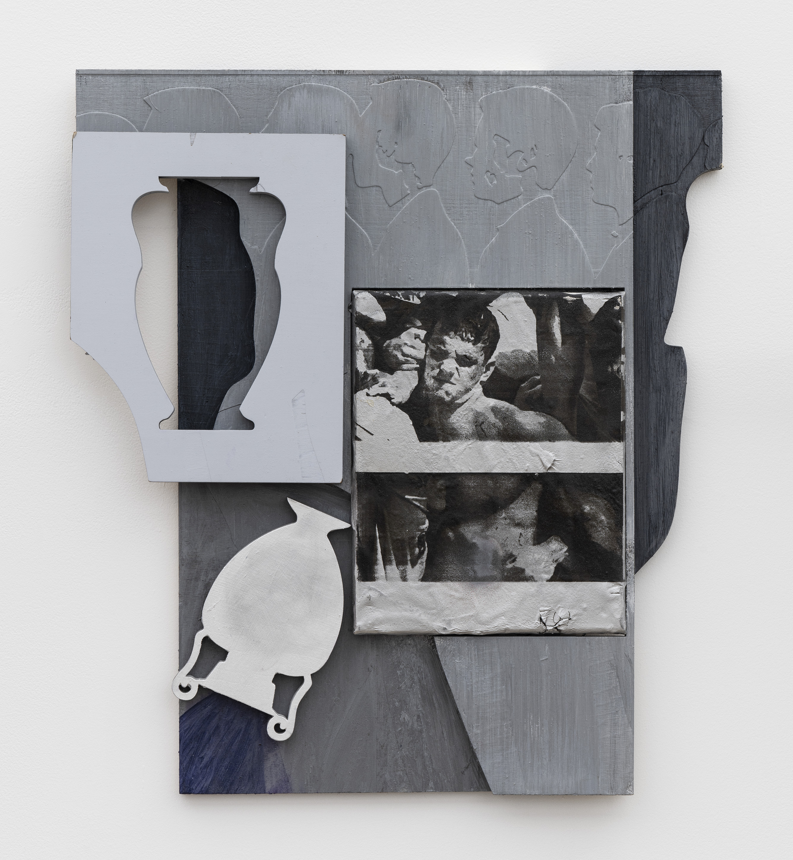 Laocoon beyond the window, 2025, Enamel on shaped panel, acrylic oil and chrome on canvas inlays, 53.3 x 43.2 cm