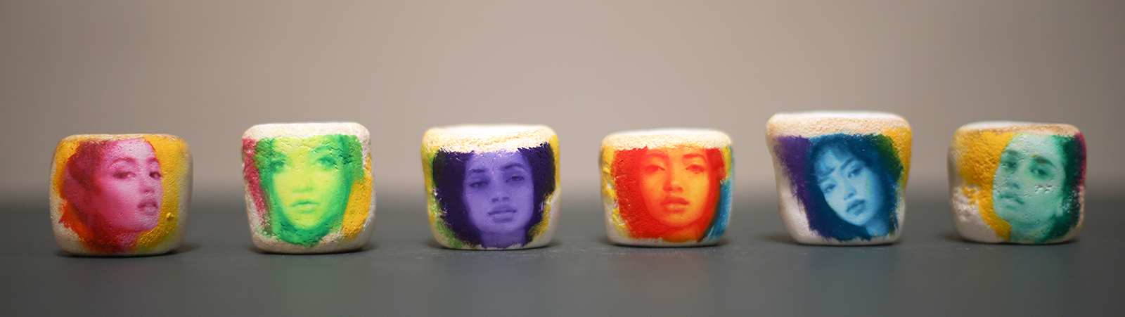 'Toasted Marshmallow Paintings'. Oil on polymer clay sculptures. 3 x 3 x 3 cm