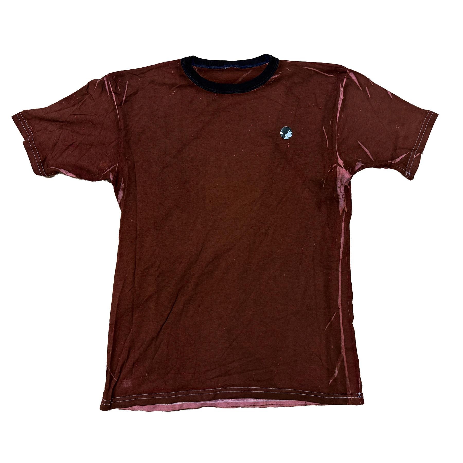 reclaimed vintage deadstock 70s ringer tee allover printed with dye. creases are unpredictable and vary from tee to tee. 