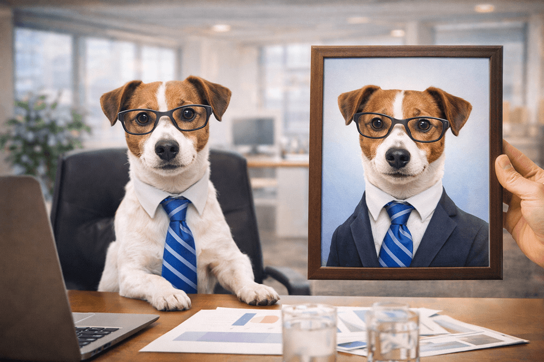 Cheesy corporate stock photo of a dog sitting at a desk wearing a tie and glasses, looking extremely professional. A human hand holds up a framed illustrated pet portrait of the same dog (portrait contains only the dog image, no text). Overlit office, staged, slightly uncanny AI look, wide banner crop, no logos.