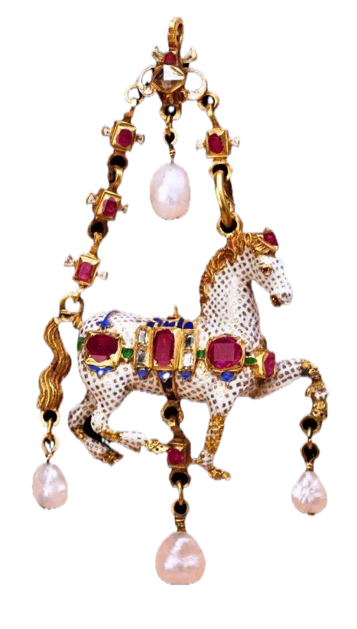 Spanish enamelled and gem-set horse pendant, ca_1600