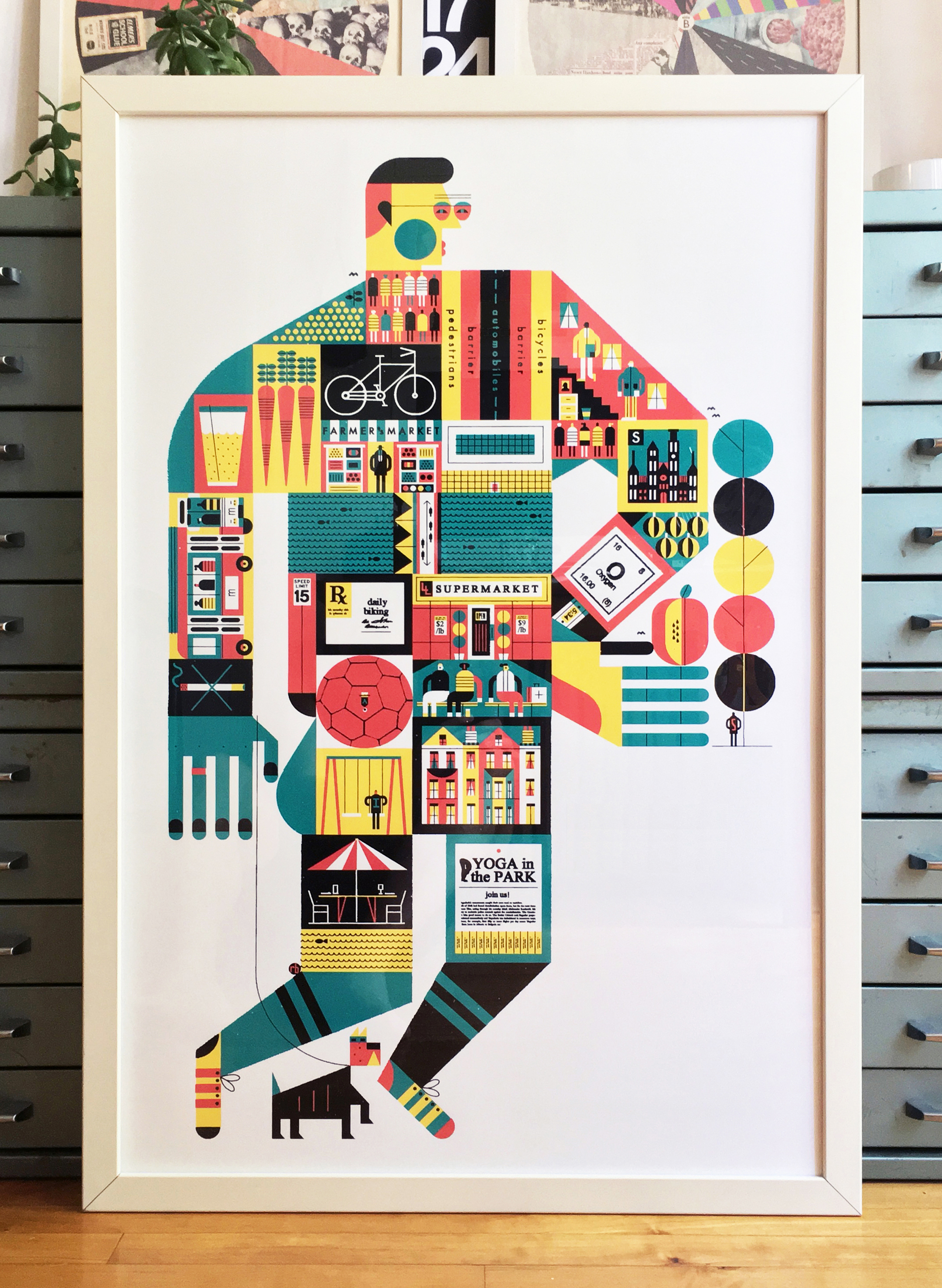 Screen printed poster of a man walking a dog, inside him are illustrations of city life like architecture, biking, and parks.