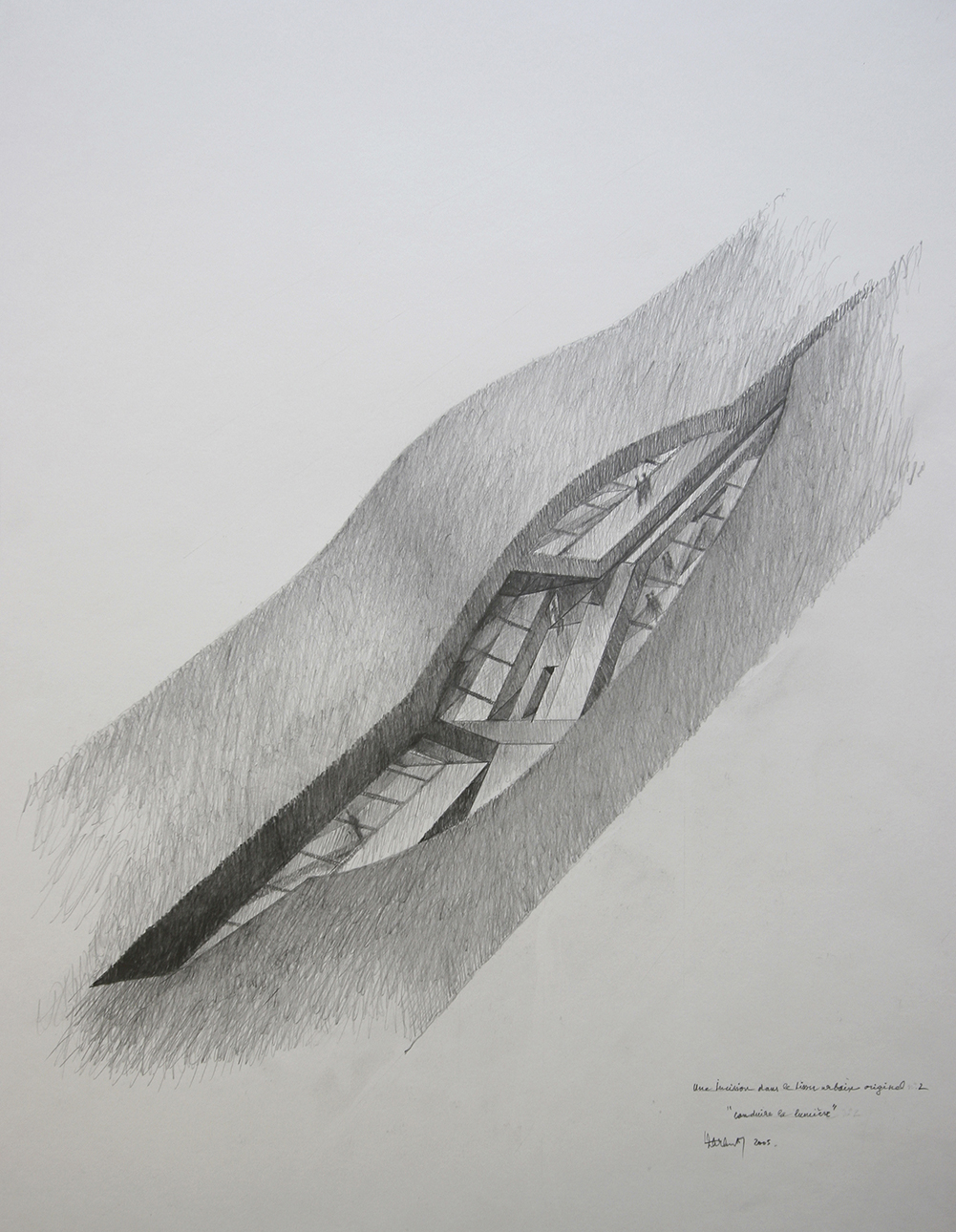 Claude Parent, Conduire la lumière, 2006, Crayon sur papier, 70 x 50 cm, Courtesy de l'artiste