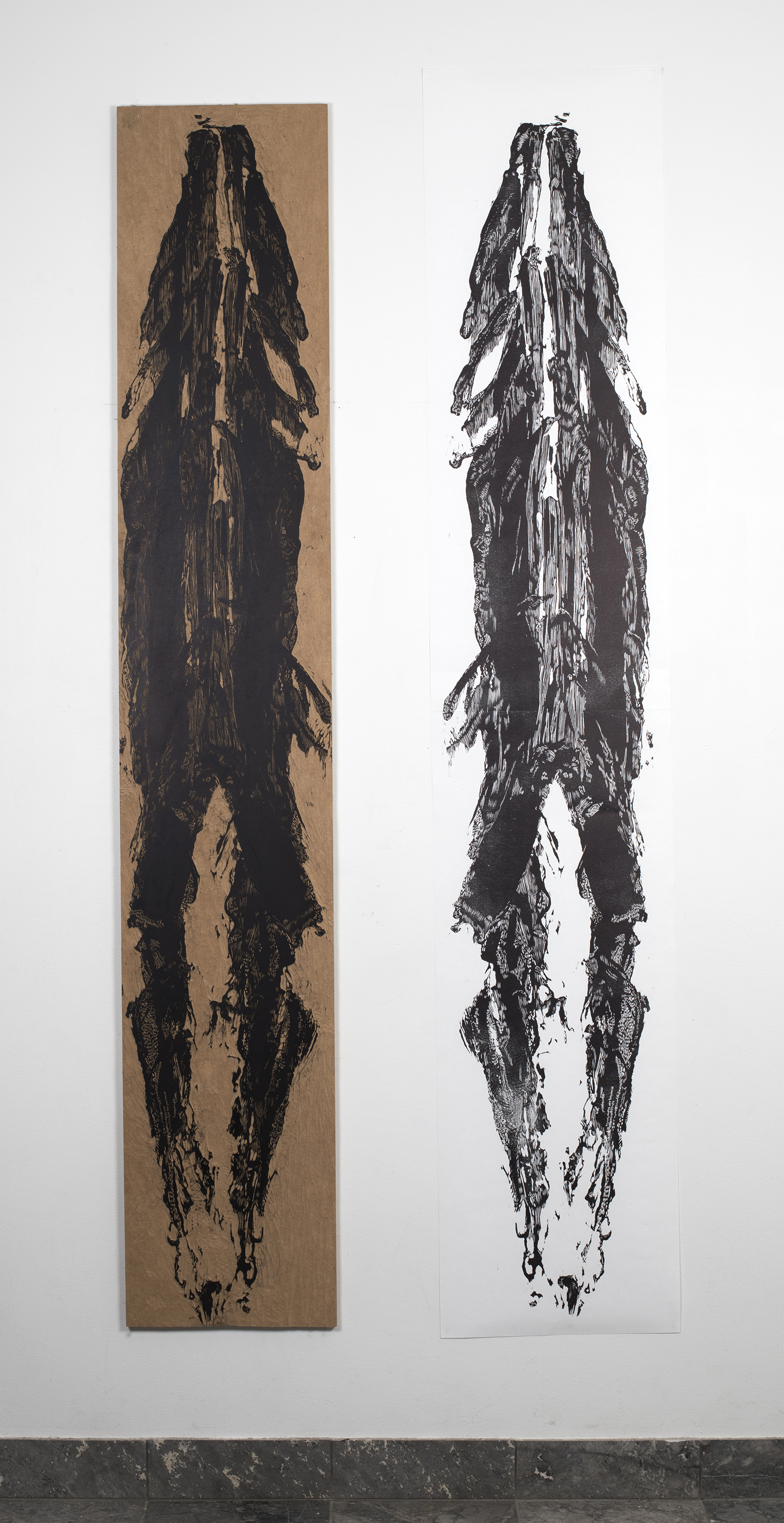 Pulling downwards, 2018, handprinted mdf on hosho, 35x200 cm