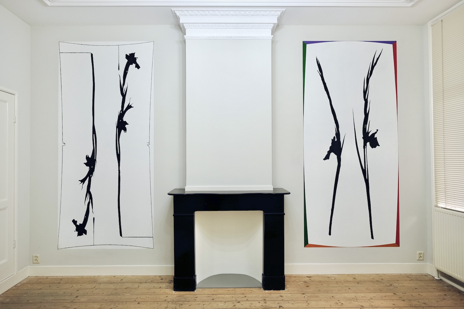 As ensembles go by, no. 1 ’The breath you take, the breath you give’, 2024, acrylic and charcoal on wall, each 250 x 115 cm.