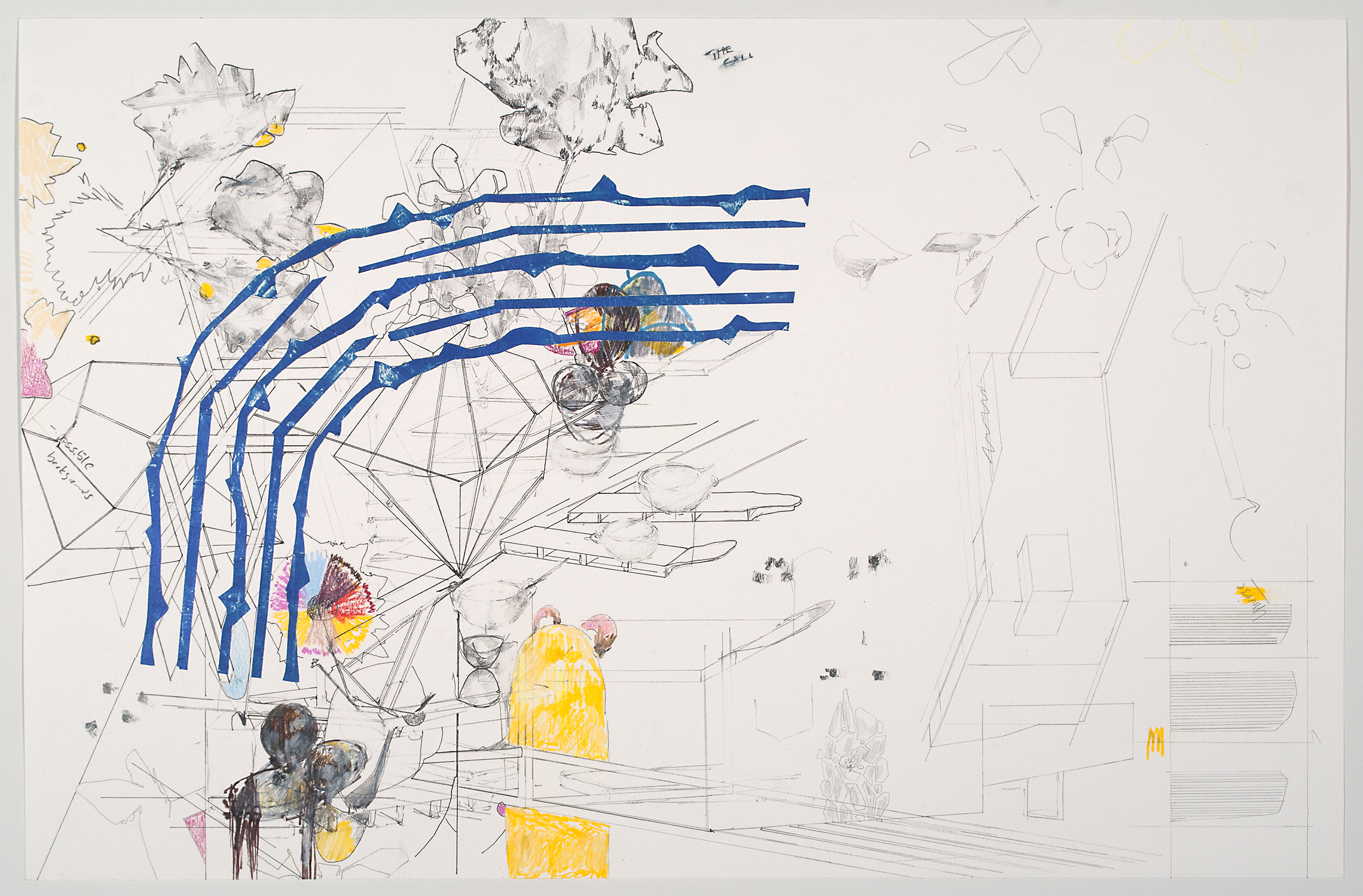 plan e   Ink, graphite, colored pencil, gesso, cold wax medium and mica powder on paper. 2015 - 13 x 20