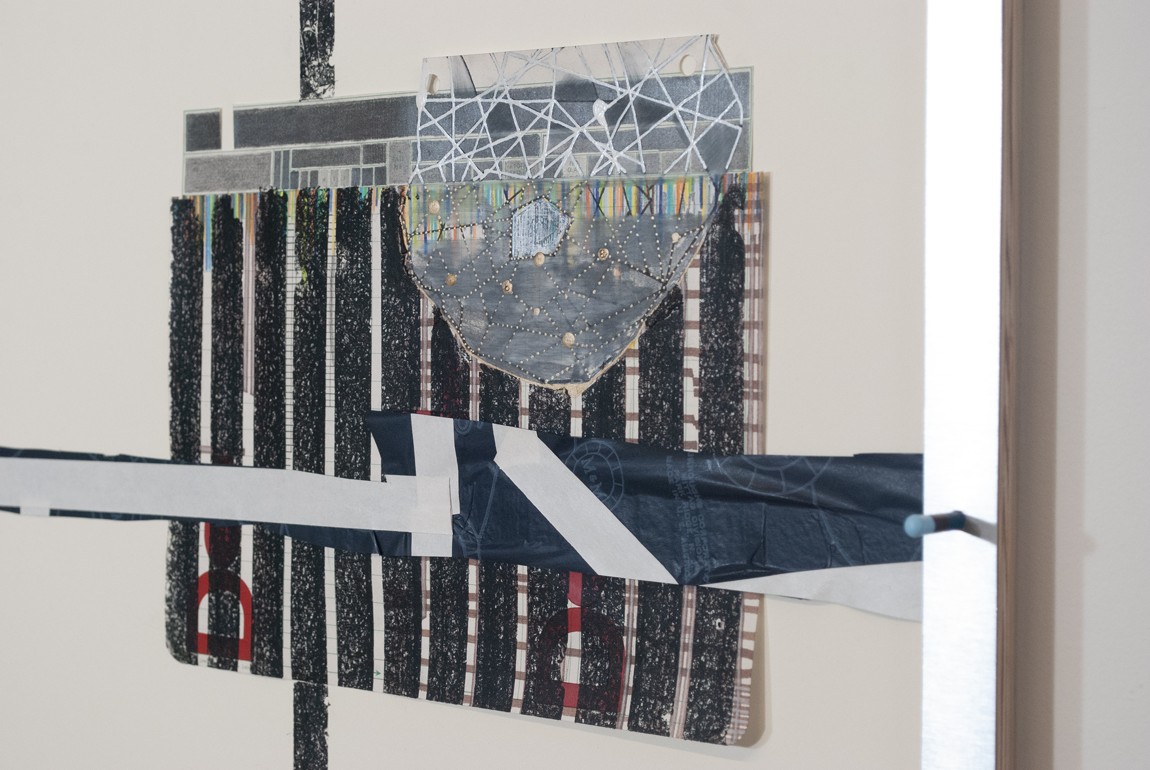 mainline (sskl)  Ink, graphite, oil marker, carbon paper, colored pencil, carbon transfer and tape on paper. Formica and wood. 2013 - 80 x 27 x 3