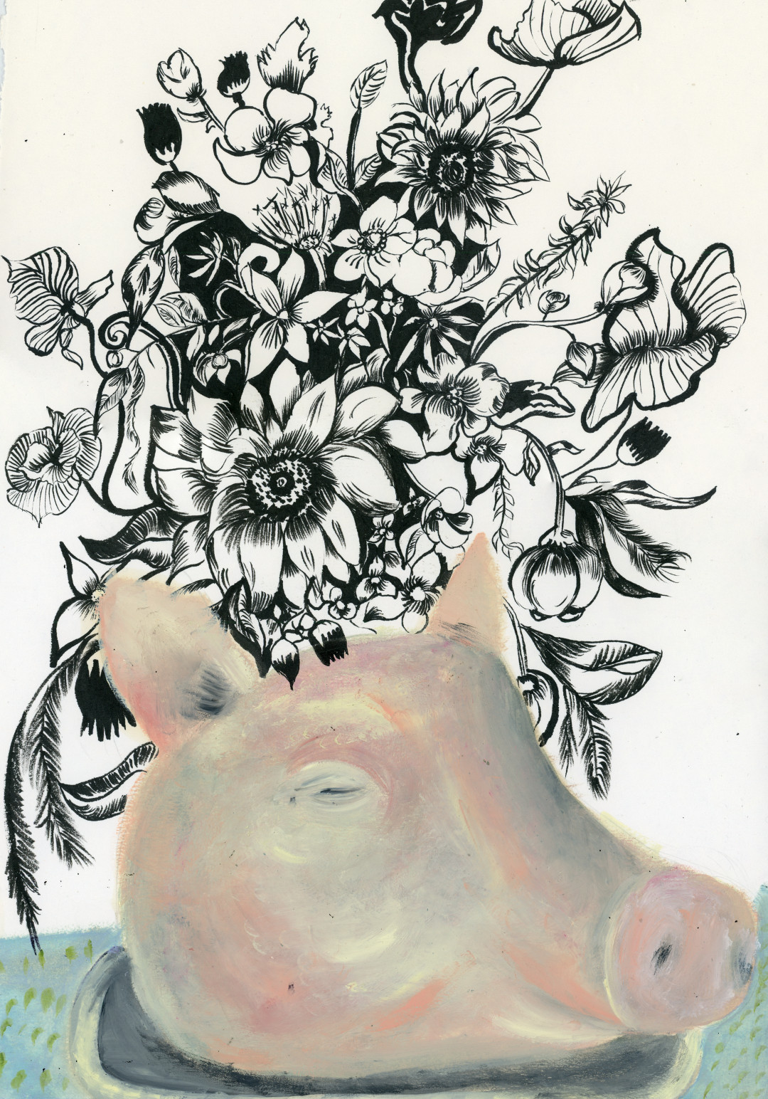 Tête de porc en fleurs,2018,huile sur papier/encre de chine,42x29,5cm