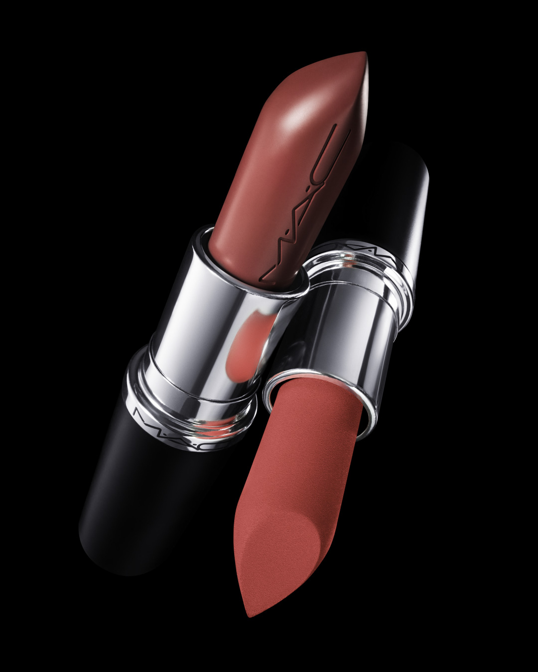 KMA stylist Rachel Haas designs set for photo of many shades of concealer sticks on black background for Hourglass