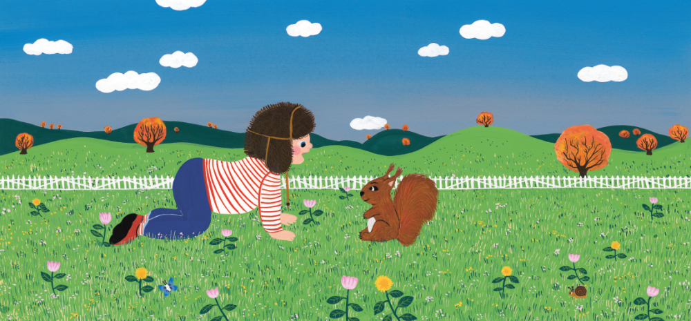 illustration campagne, illustration enfant, illustration écureuil, illustration jardin