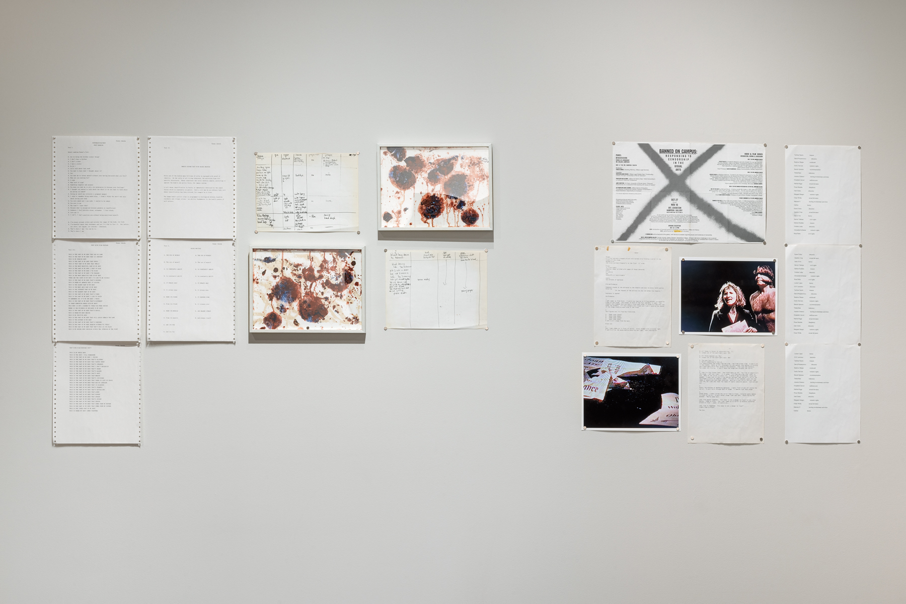 Hybridaxe (Susan Jahoda and Robert Blake), Scripts and ephemera for Rencontres, performed at Fulcrum Gallery, 1994 and WeXar, performed as part of an exhibition on censorship, Banned on Campus, Hampden Gallery, University of Massachusetts at Amherst, 1994. Photo by Rafael Gamo.