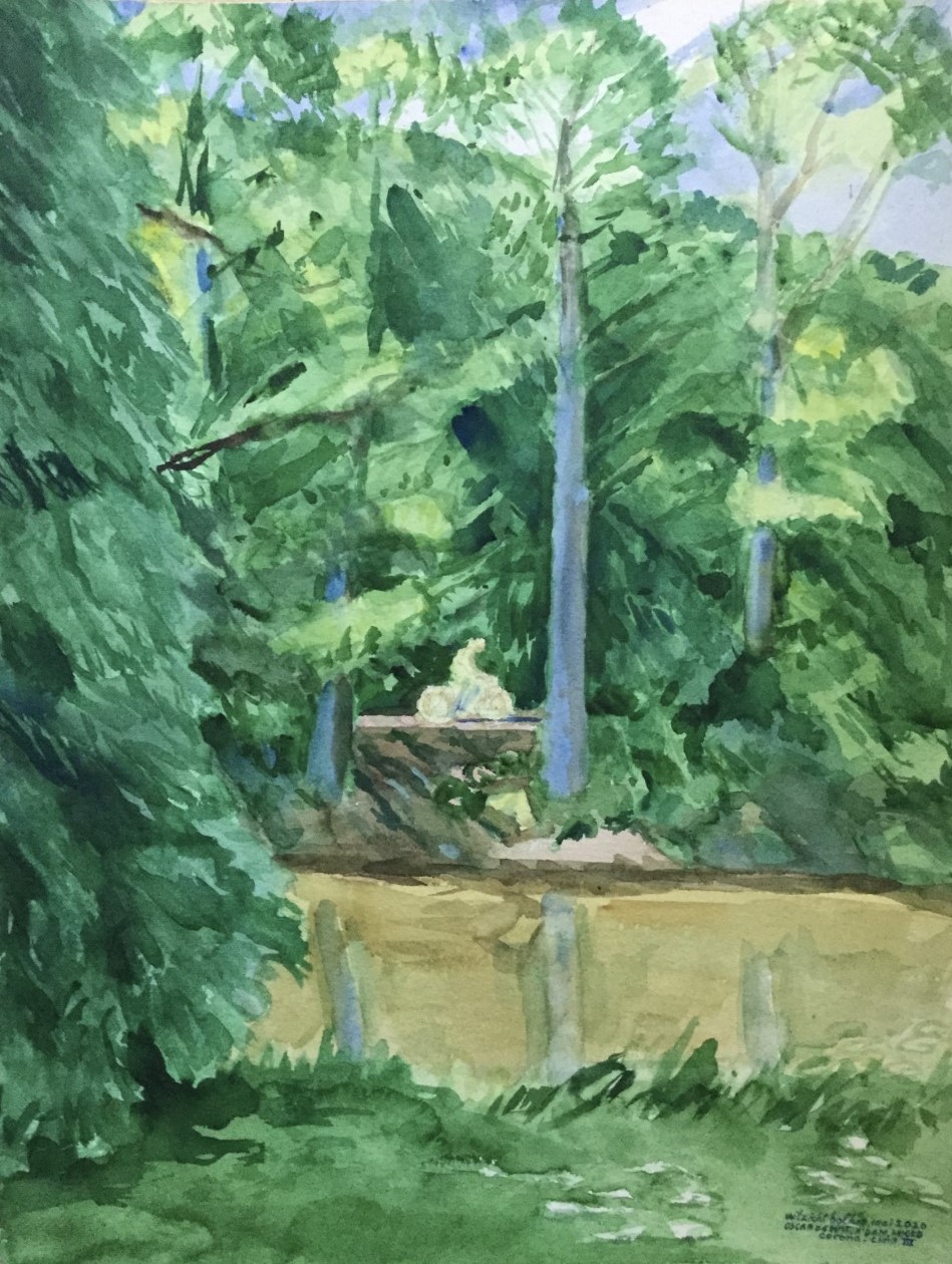 Corona Time V - Uitzicht van balkon, ‘s ochtends 2020 - watercolor 80x60 cm (photo Merlijn Doomernik, NRC)