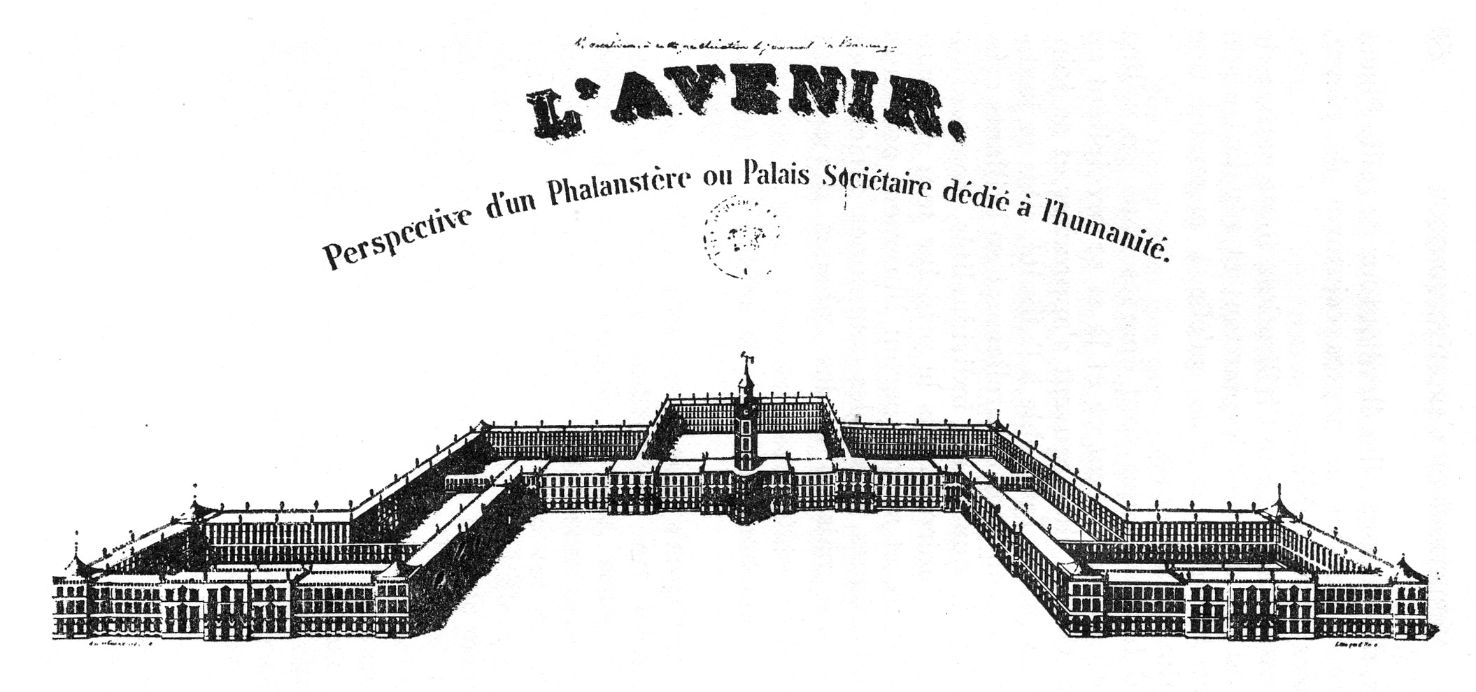 1829 Perspective view of Charles Fourier's Phalanstère by Victor Considérant. The rural areas and the gardens are not represented. Image: Wikimedia Commons