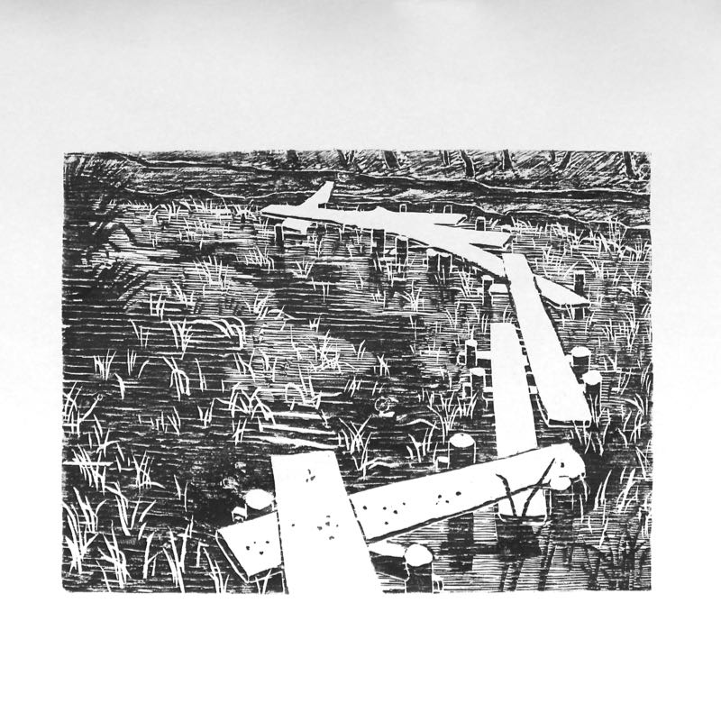Irises at Yatsuhashi. Koishikawa korakuen garden, Tokyo 2019. Woodcut 40x30cm. Print 300€ | Framed 70x50cm 350€