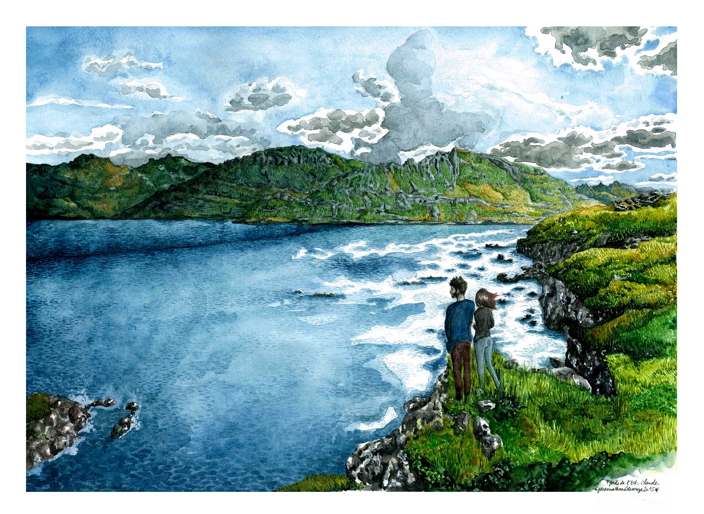 Fjord de l&rsquo;Est,Islande,29,5 x 40,5 cm, aquarelle et gouache. Fiorde do Leste,29,5 x 40,5 cm, aquarela e guache.