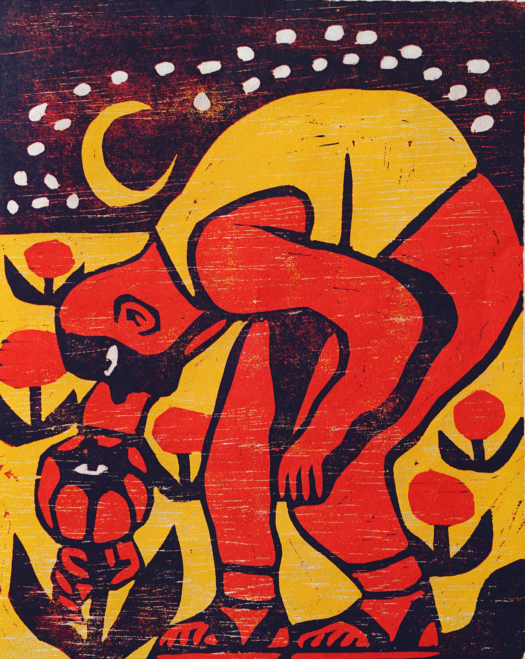 Gathering, three-layer reduction woodcut