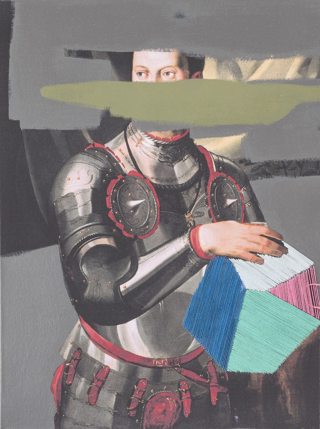COSIMO DI MEDICI WITH GEOMETRIC FIGURE | Acrylic and hand embroidery on printed canvas | 40 x 30 cm | 2013