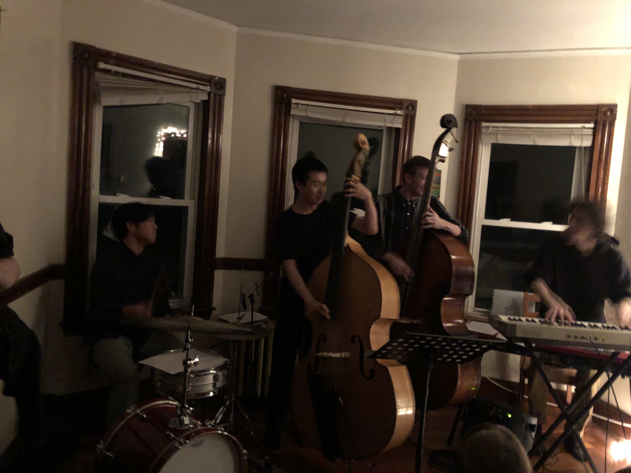 this band is called puzzle jug, it's very important to me, i learned so much and had some of my favorite and most treasure musical experiences with them. alex yoo on drums, seajun kwon on bass, erez dessel on keys