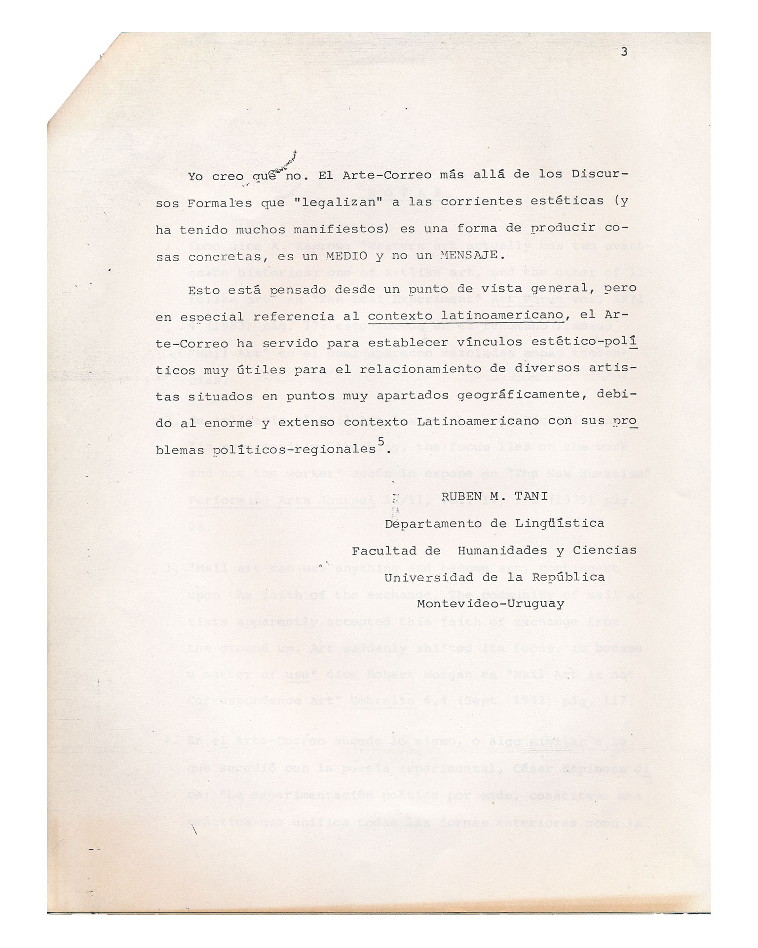 Semiotica del Mail-Art: ¿Atomizacion o Conglomerado?, Ruben M. Tani, Articulo, Uruguay