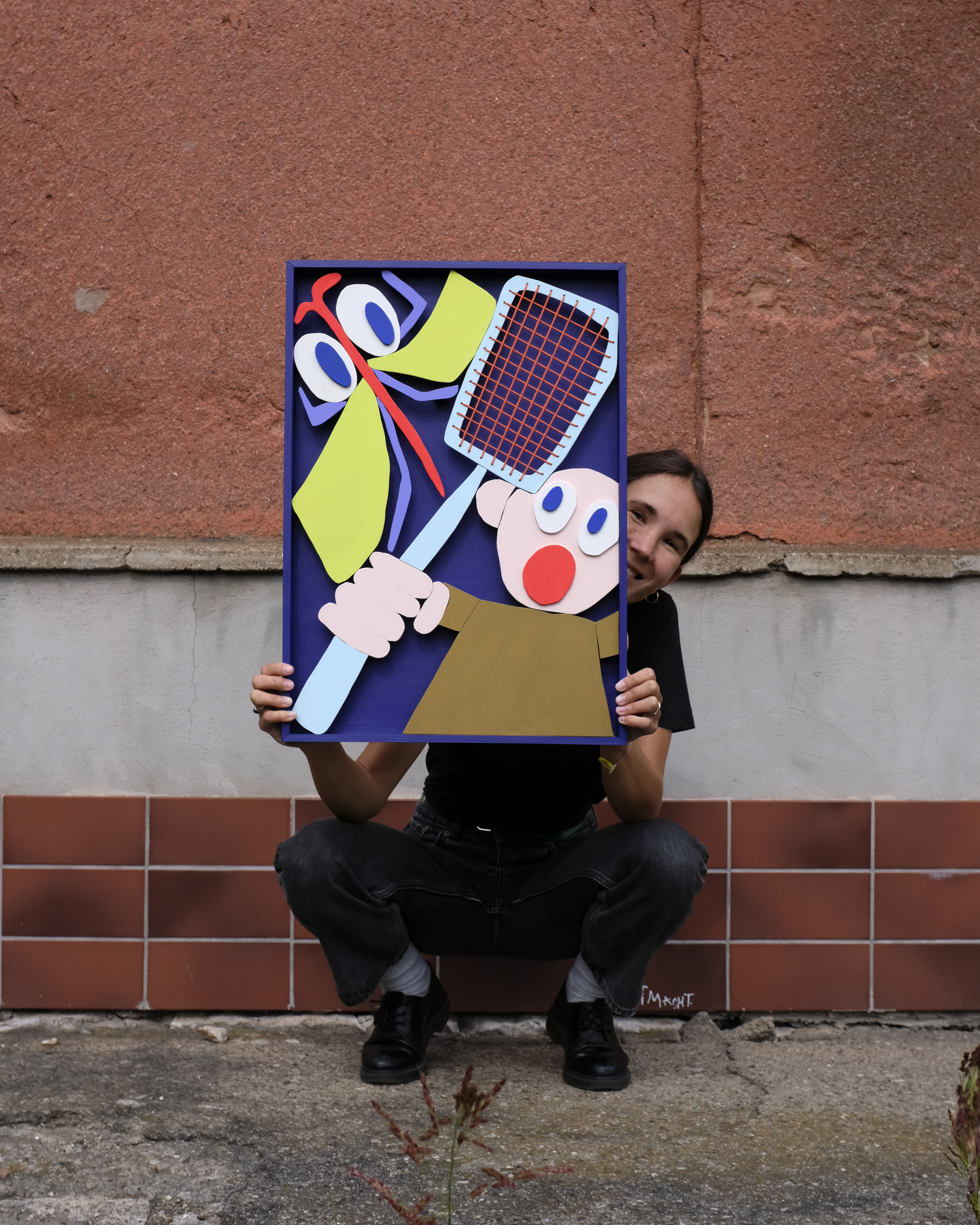 Klatsche (2023), 42 x 59,5 x 3,5cm, Acrylics on Wood, Cotton Thread